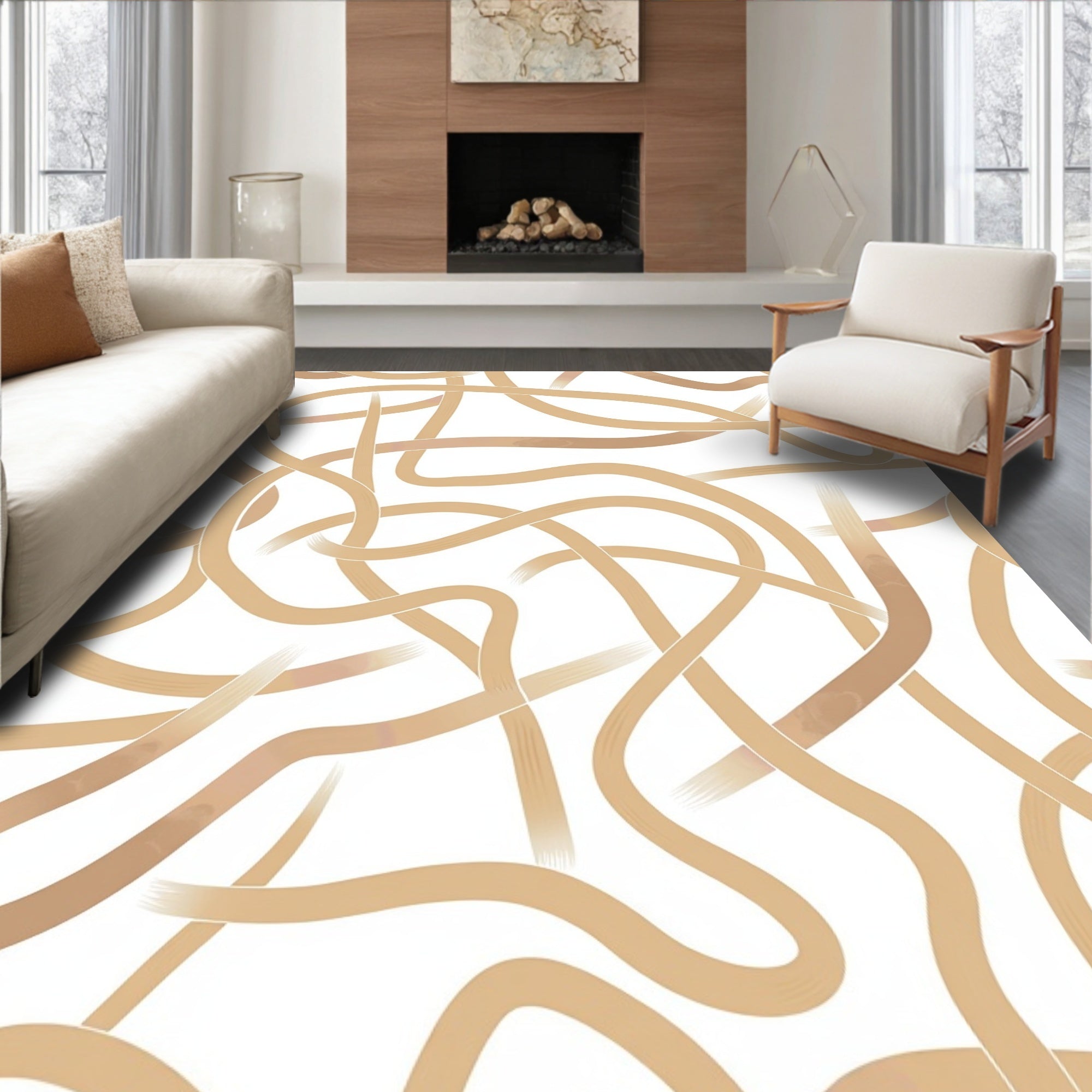 Abstract Woven Beige Curves Rug