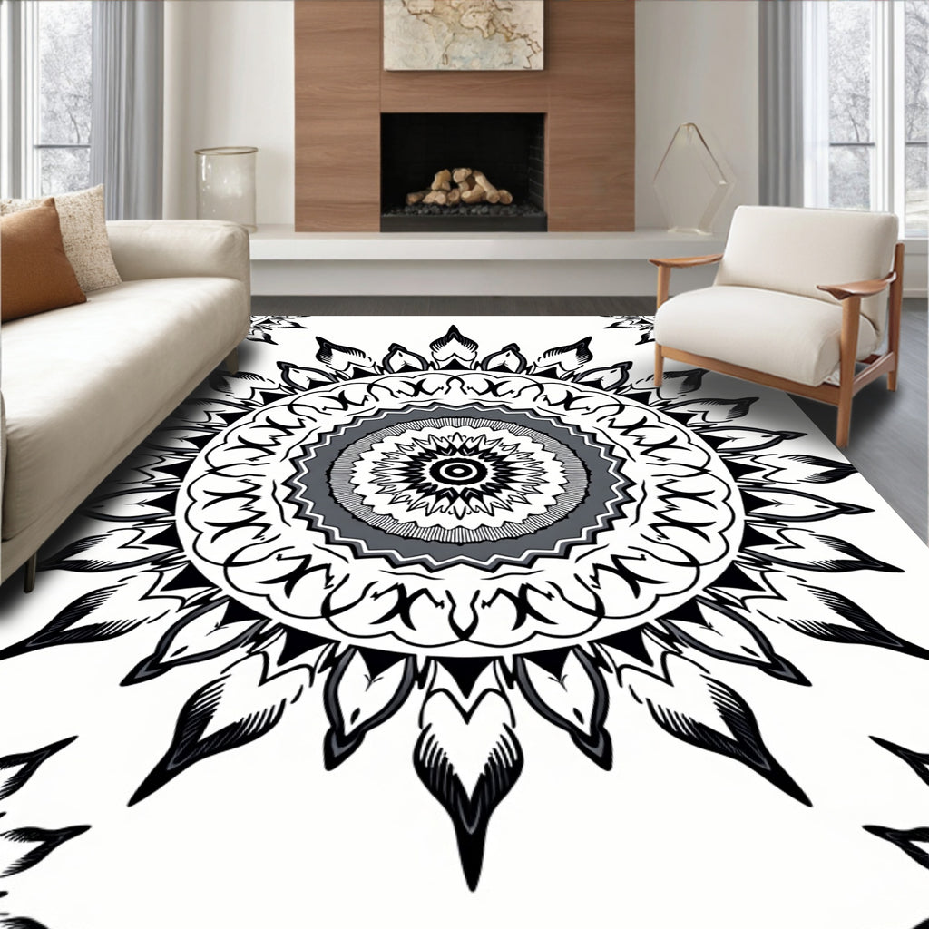Monochromatic Mandala Sunburst Pattern Design Rug