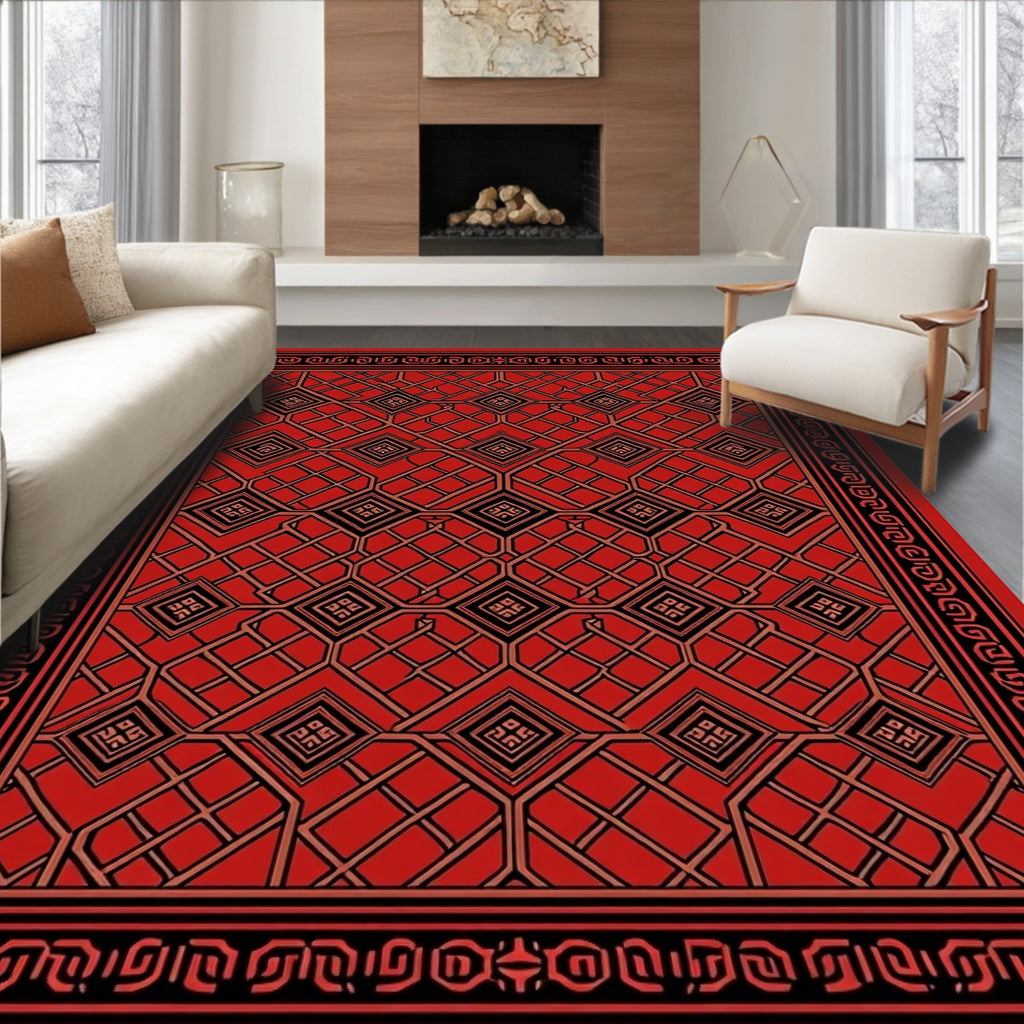 Bold Geometric Lattice Red Pattern Rug