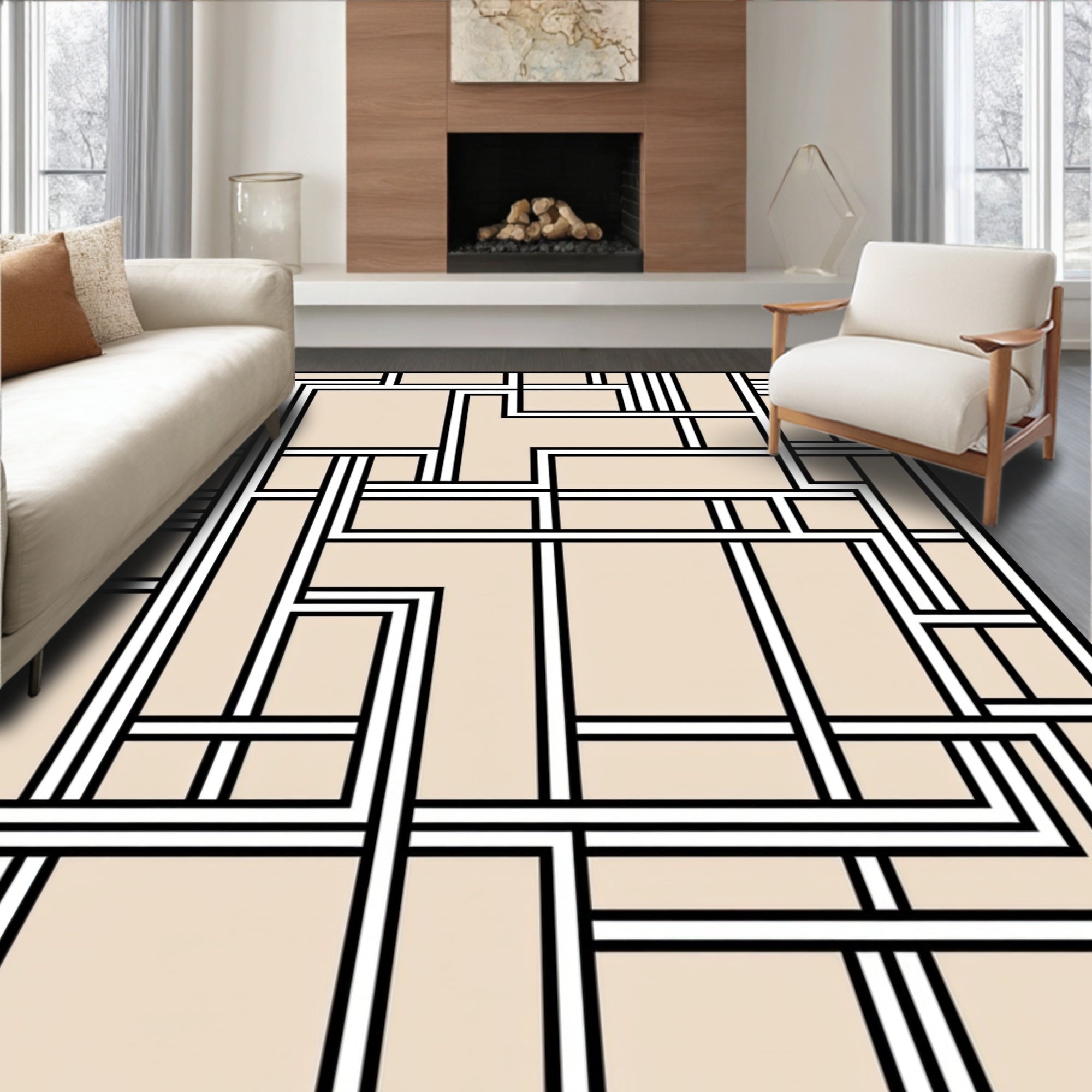 Abstract Geometric Cream Black Lines Rug
