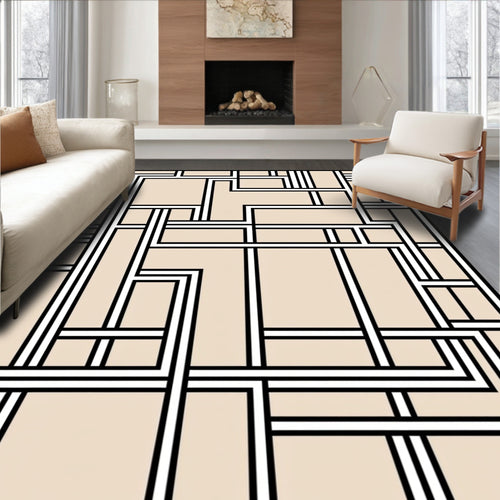 Abstract Geometric Cream Black Lines Rug