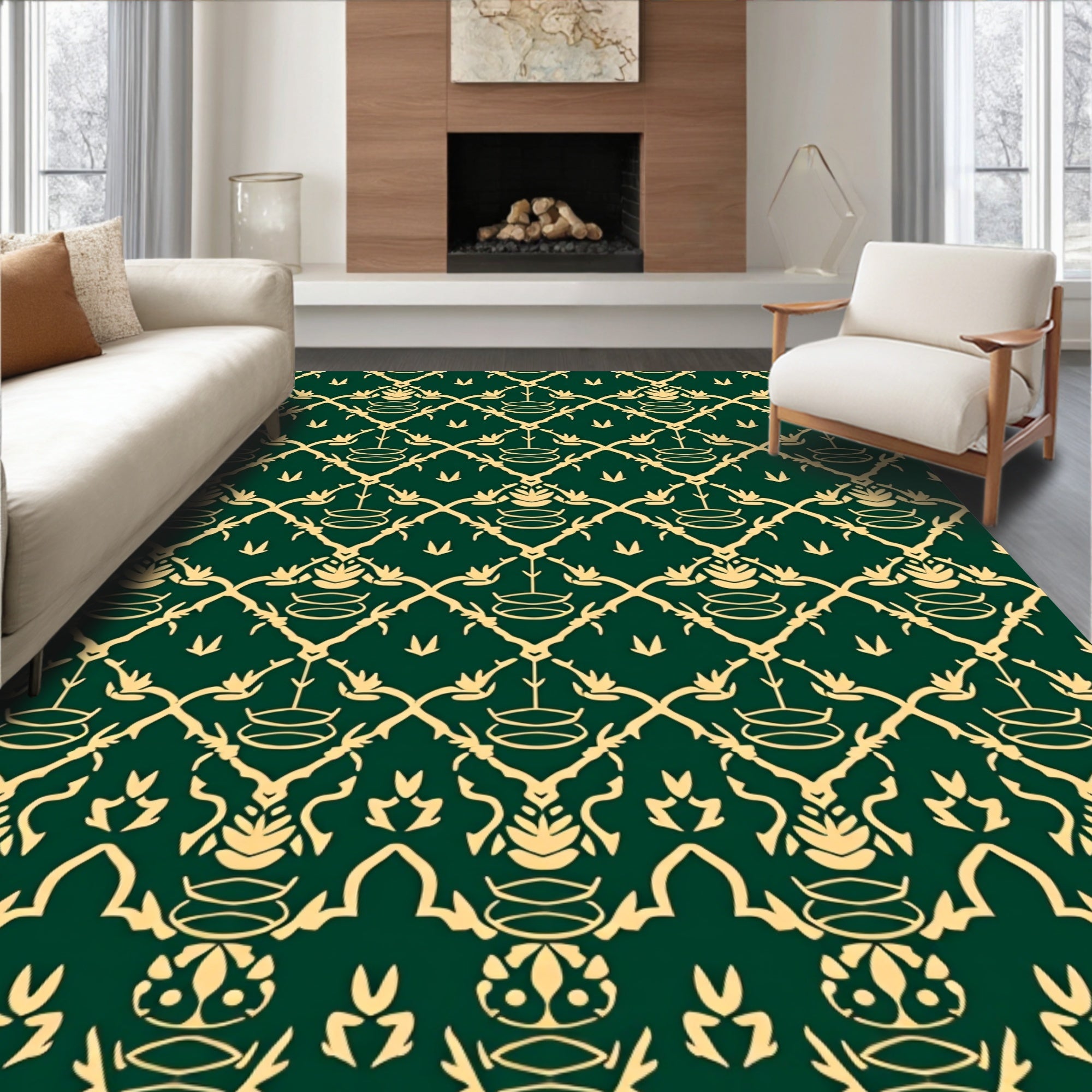 Elegant Gold Emerald Damask Pattern Rug