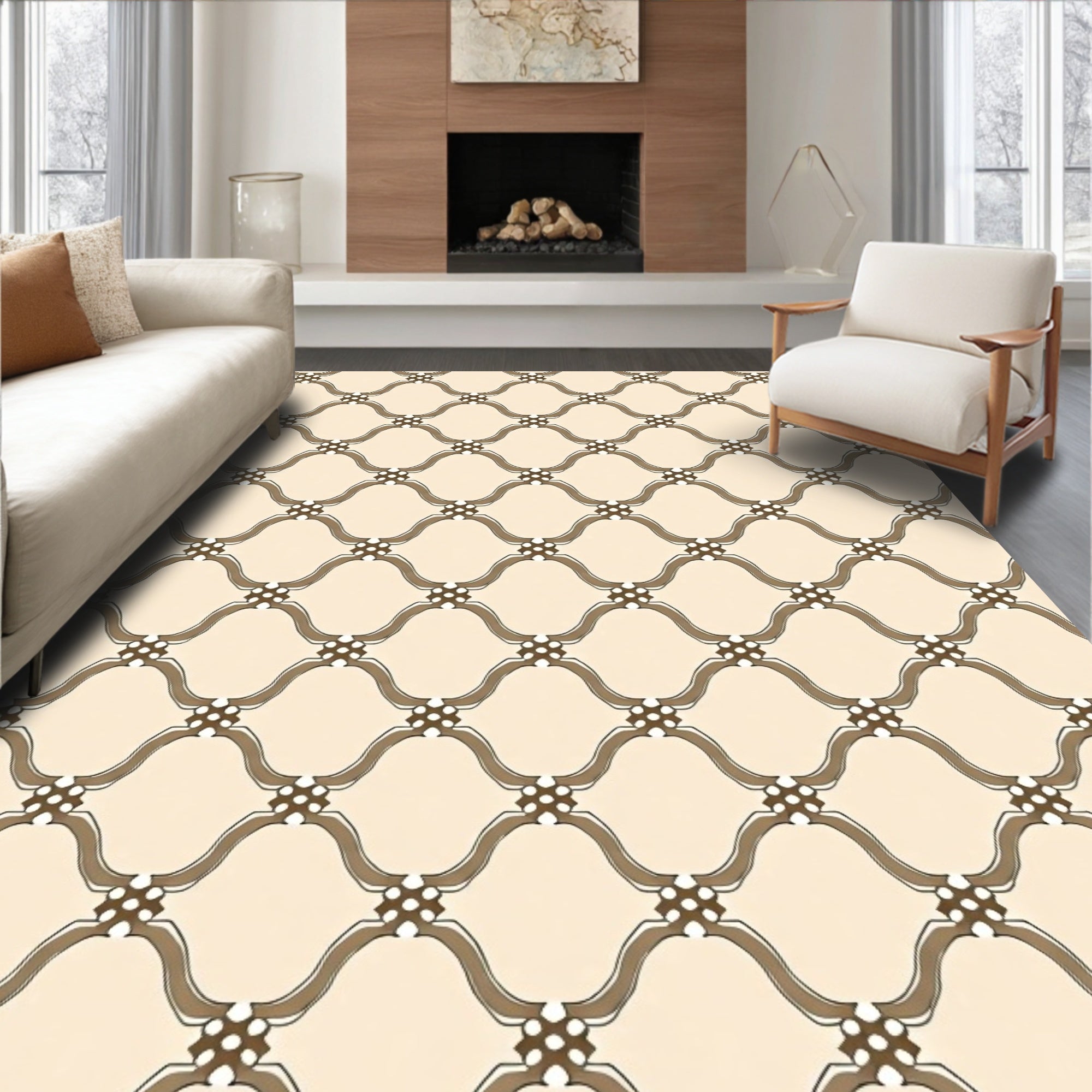 Ornate Lattice Patterned Neutral Rug