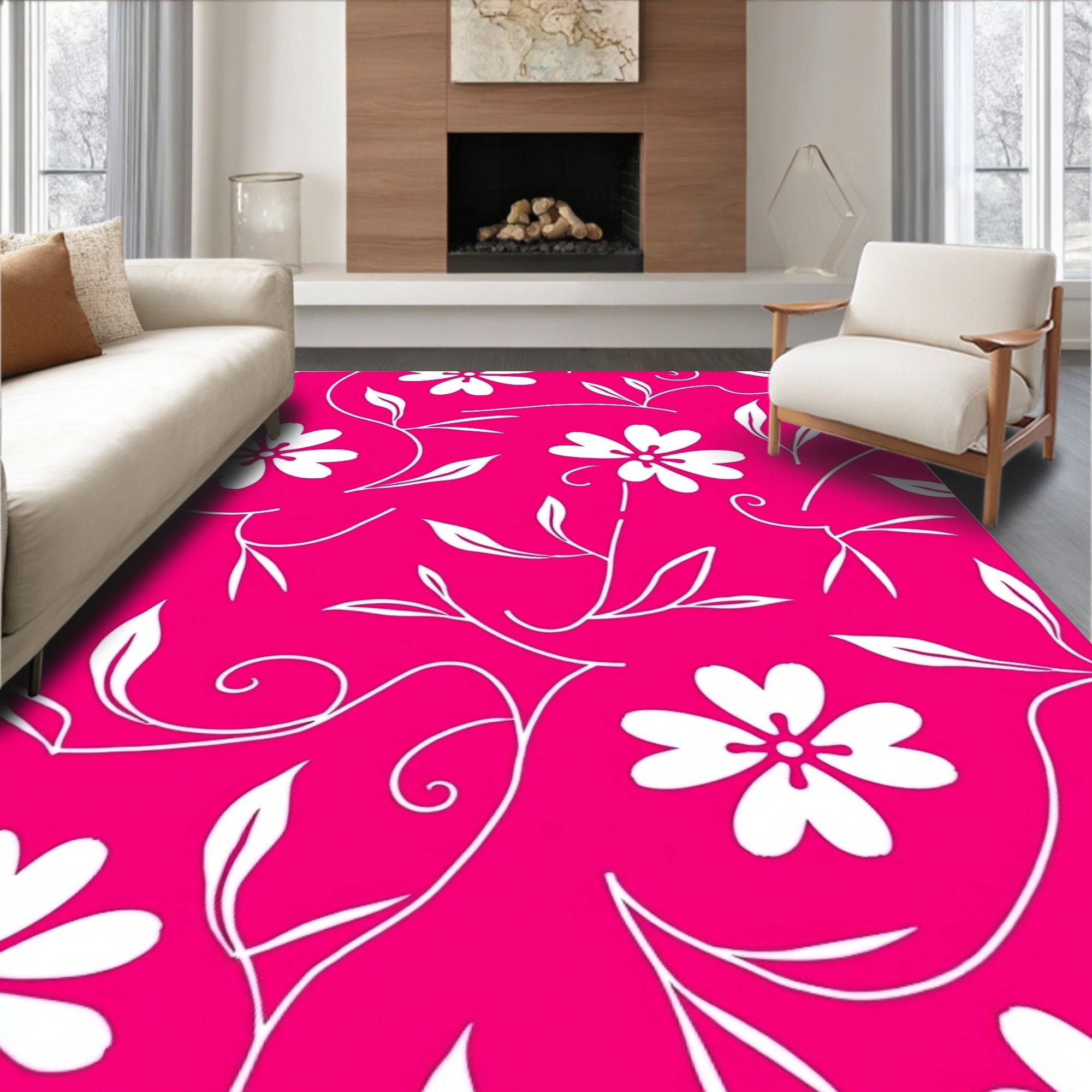 Vibrant Pink Floral Swirl Pattern Rug