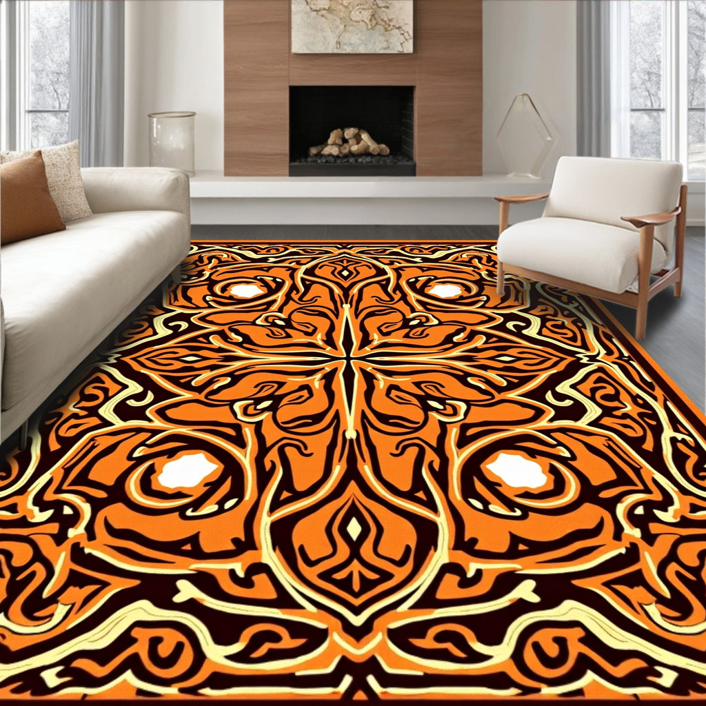 Ornate Orange Cream Black Pattern Rug