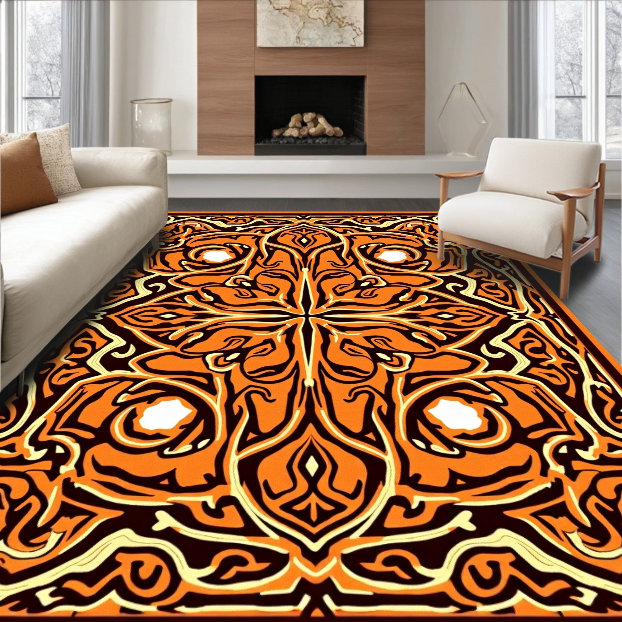 Ornate Orange Cream Black Pattern Rug