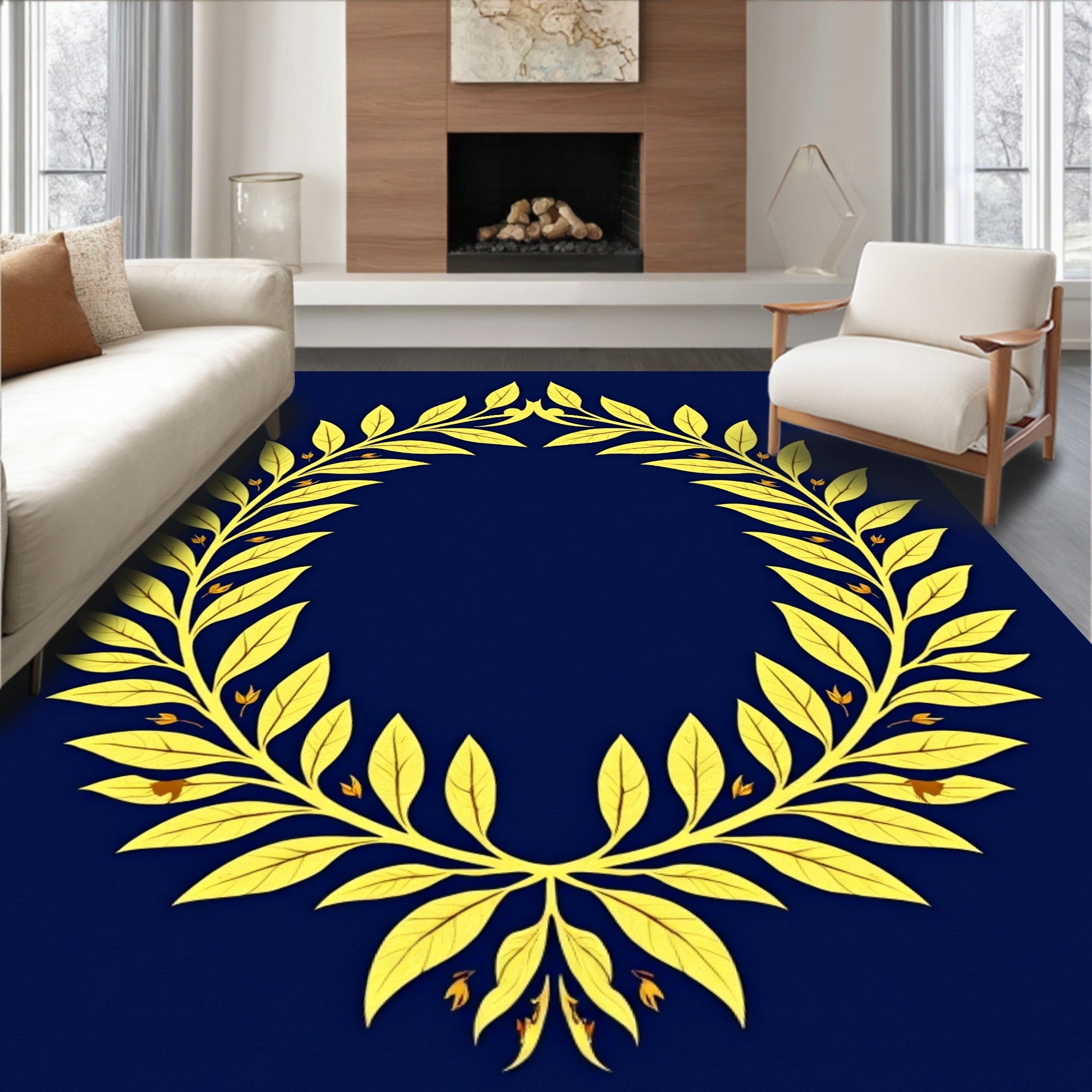 Golden Laurel Wreath Floral Rug