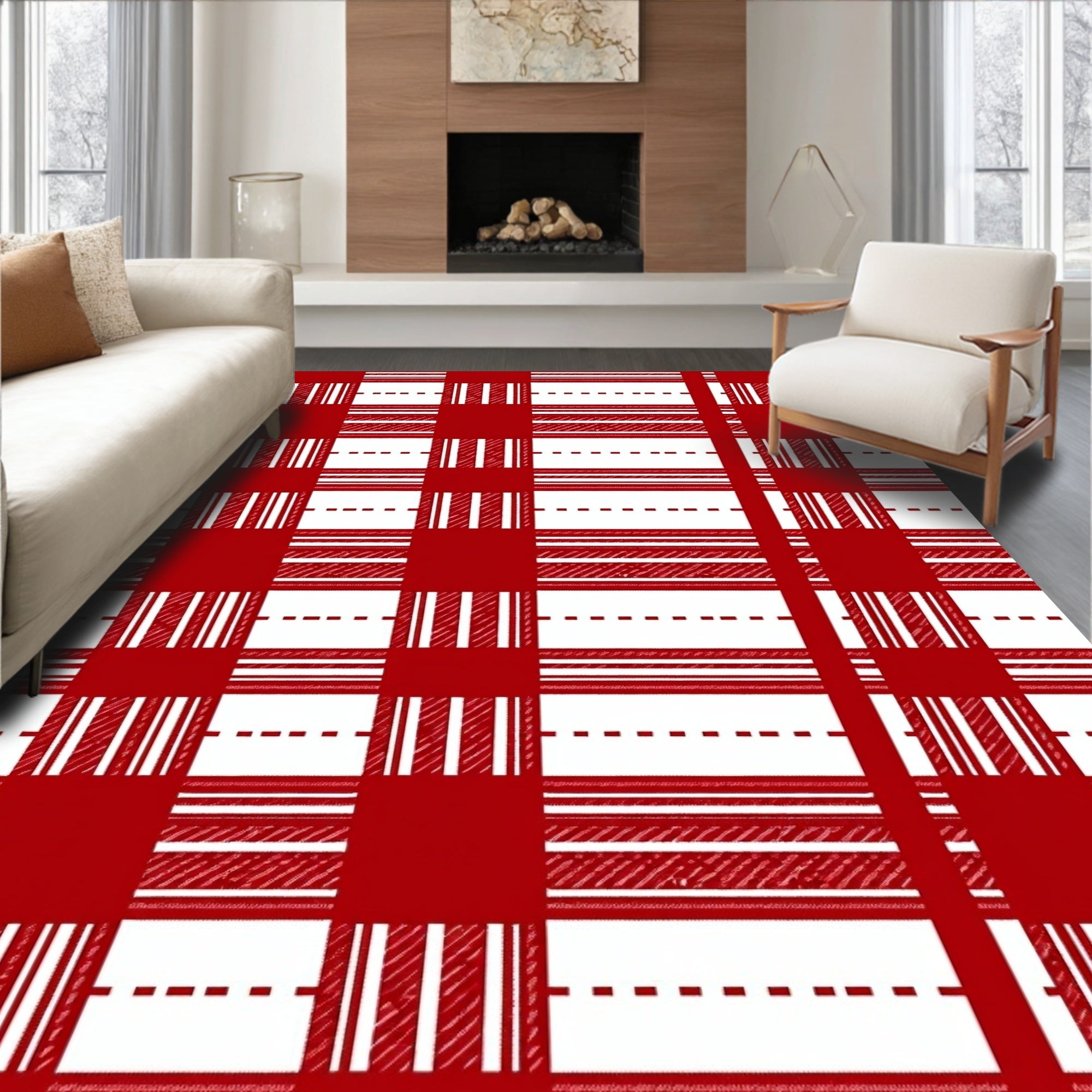 Classic Tartan Red and White Pattern Rug