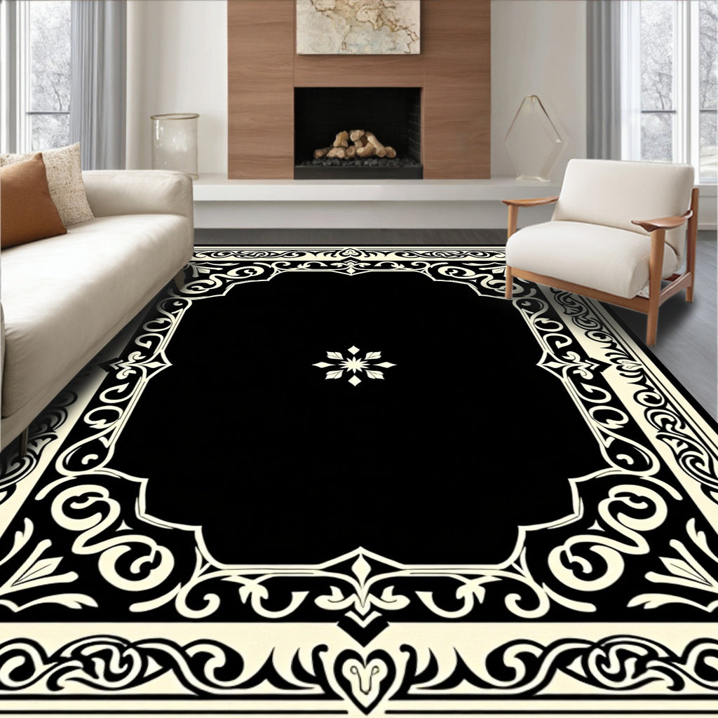 Classic Black And Cream Scrollwork Design Rug