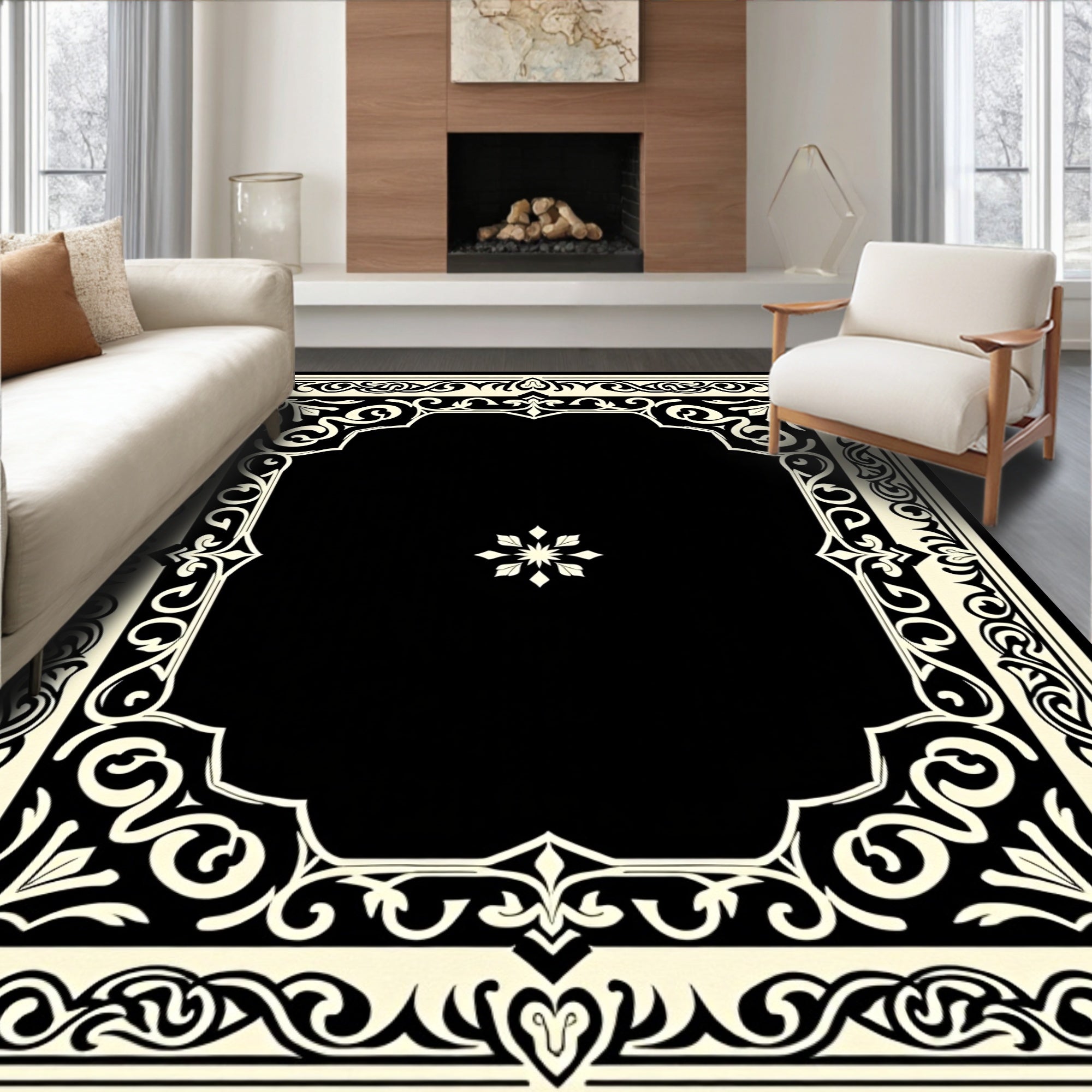 Classic Black And Cream Scrollwork Design Rug