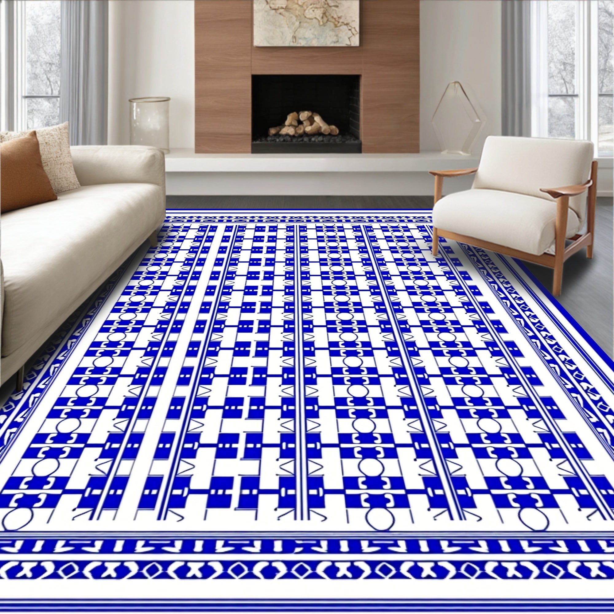 Bold Blue Geometric Lattice Pattern Rug