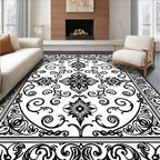 Intricate Floral Scrollwork Black White Design Rug