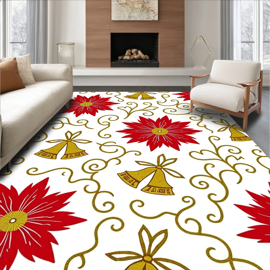 Red Flowers and Gold Bells Pattern Rug