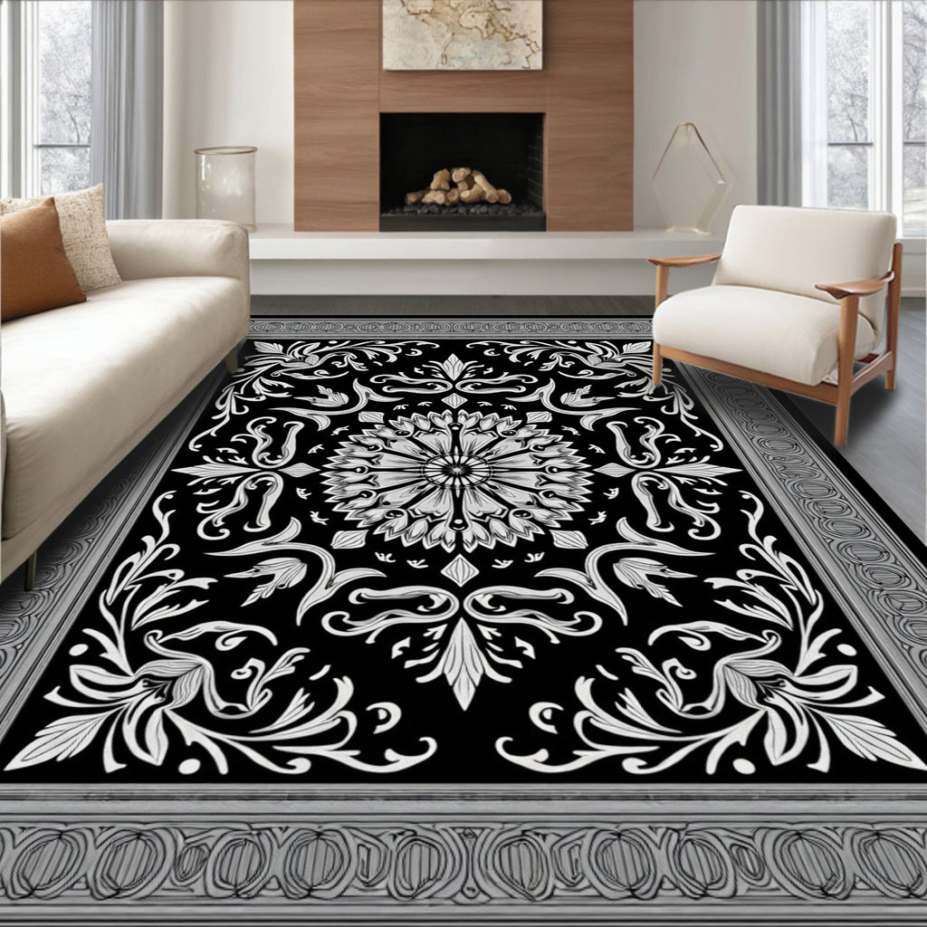 Intricate Floral Medallion Black White Rug