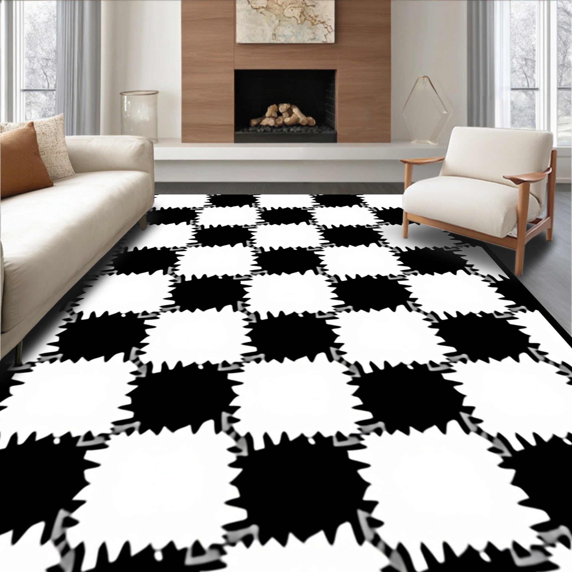 Black White Jagged Checkered Design Rug