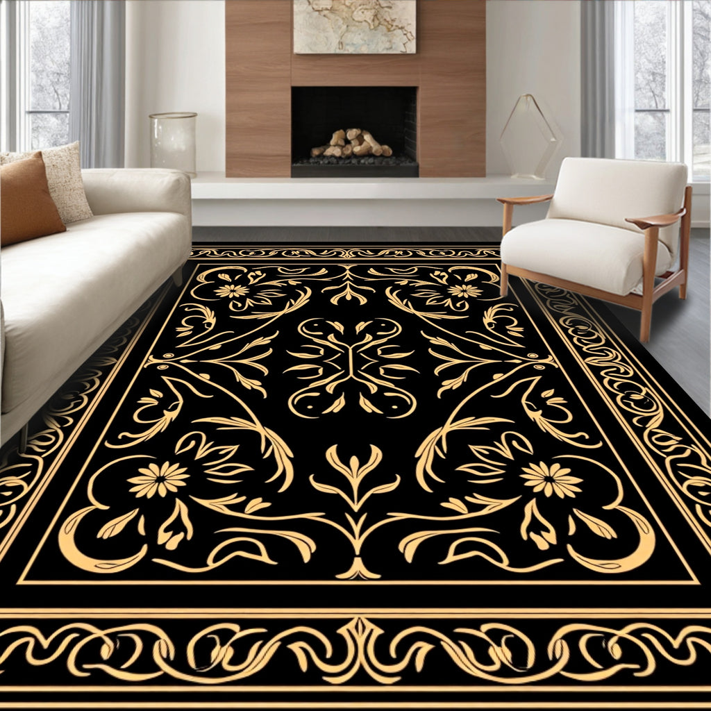 Elegant Black Gold Floral Border Design Rug