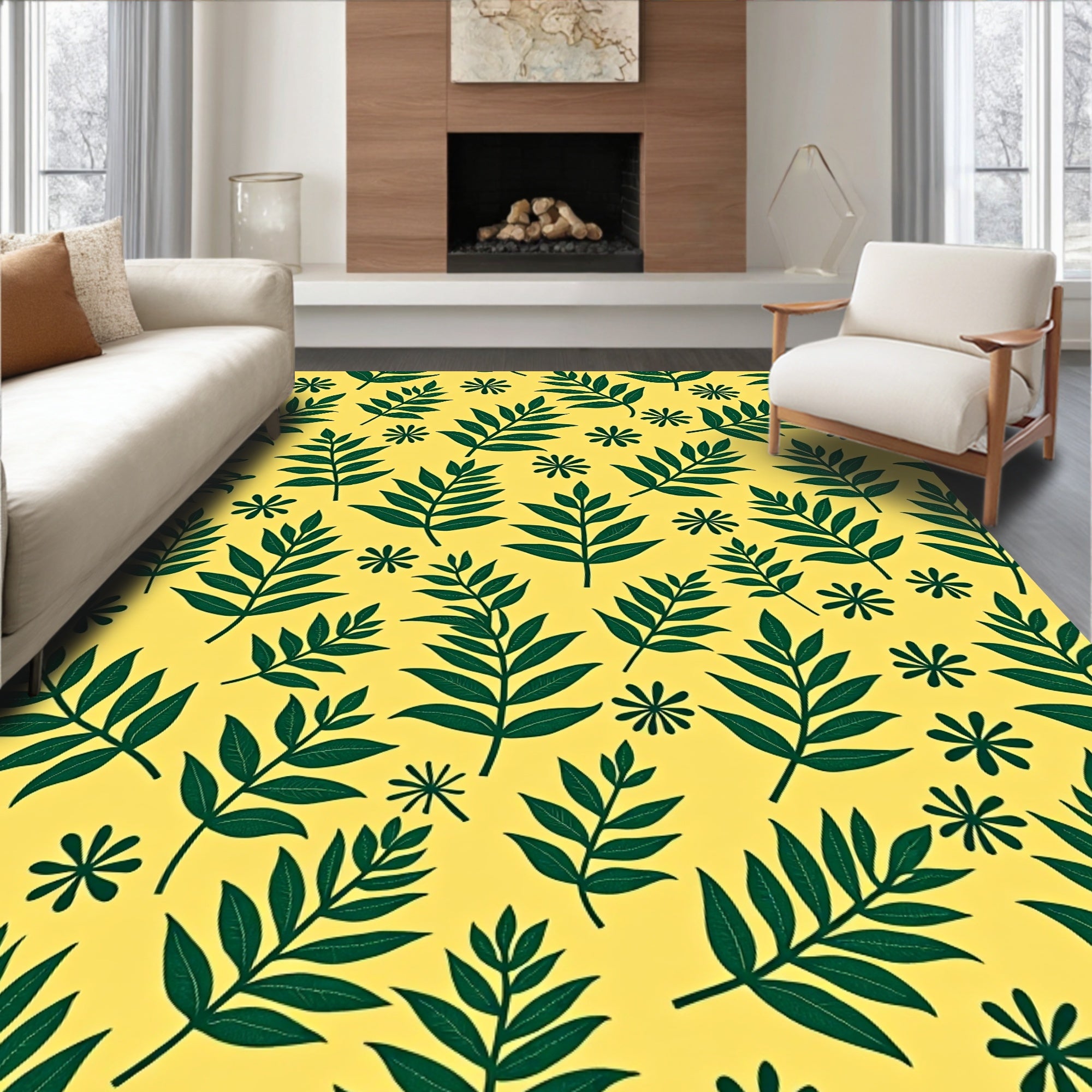 Yellow With Green Leaf Pattern Rug