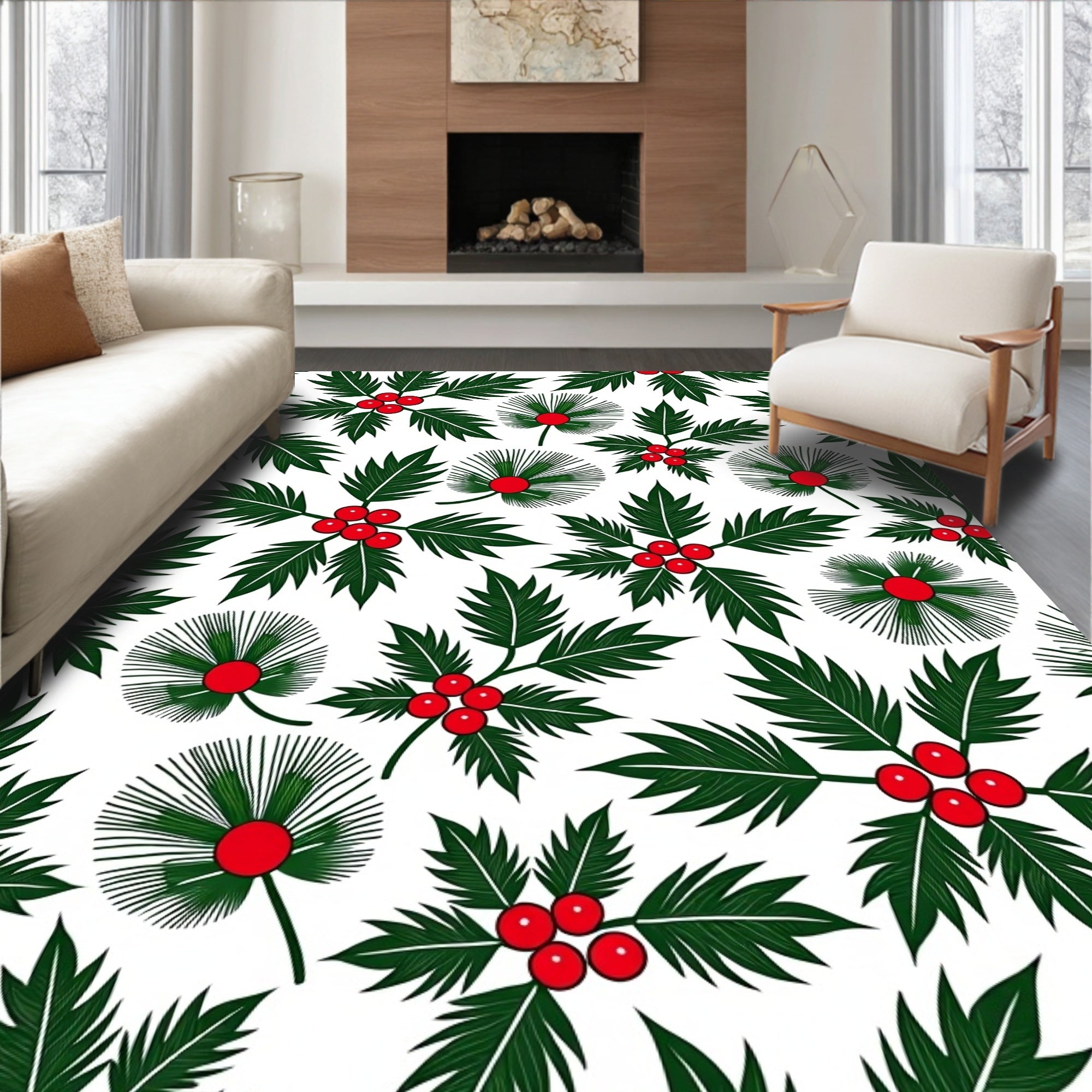 Green Holly Red Berry Holiday Arrangement Rug