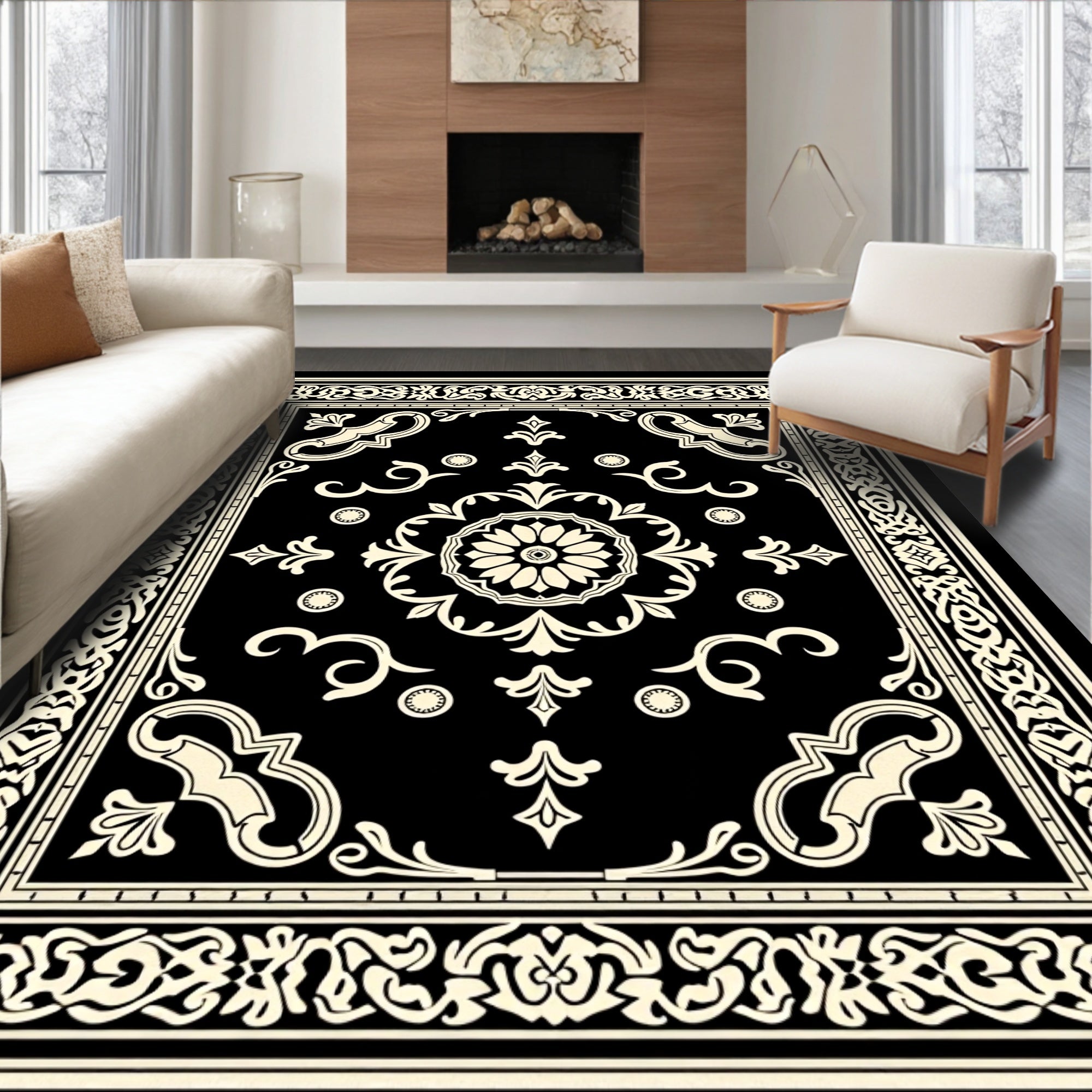Elegant Black Cream Scroll Rug