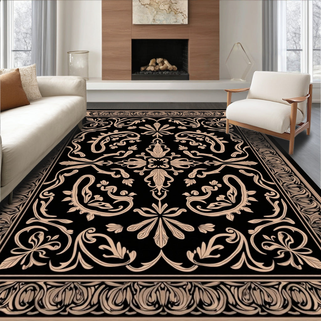 Ornate Vintage Floral Black Tan Rug