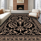 Ornate Vintage Floral Black Tan Rug