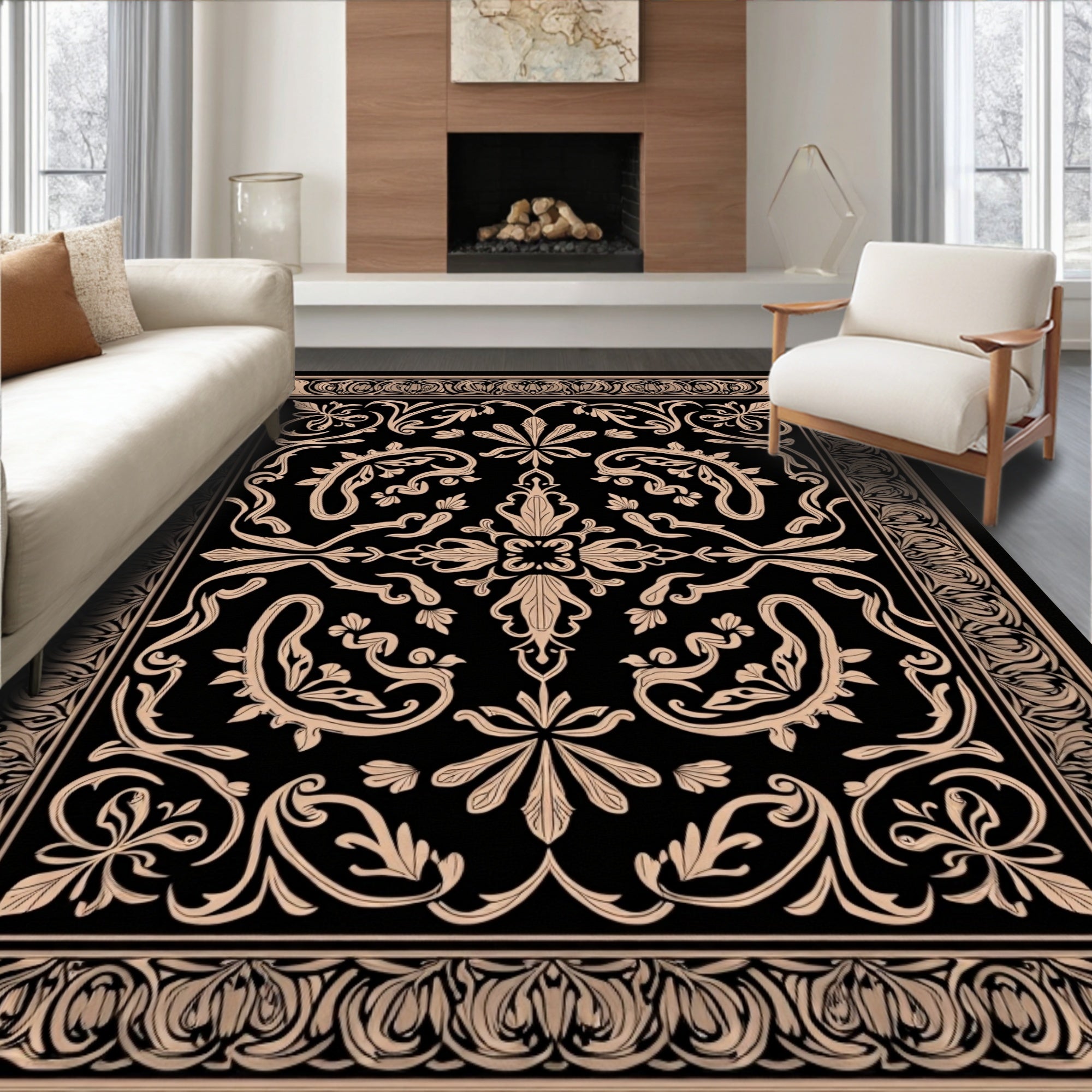 Ornate Vintage Floral Black Tan Rug