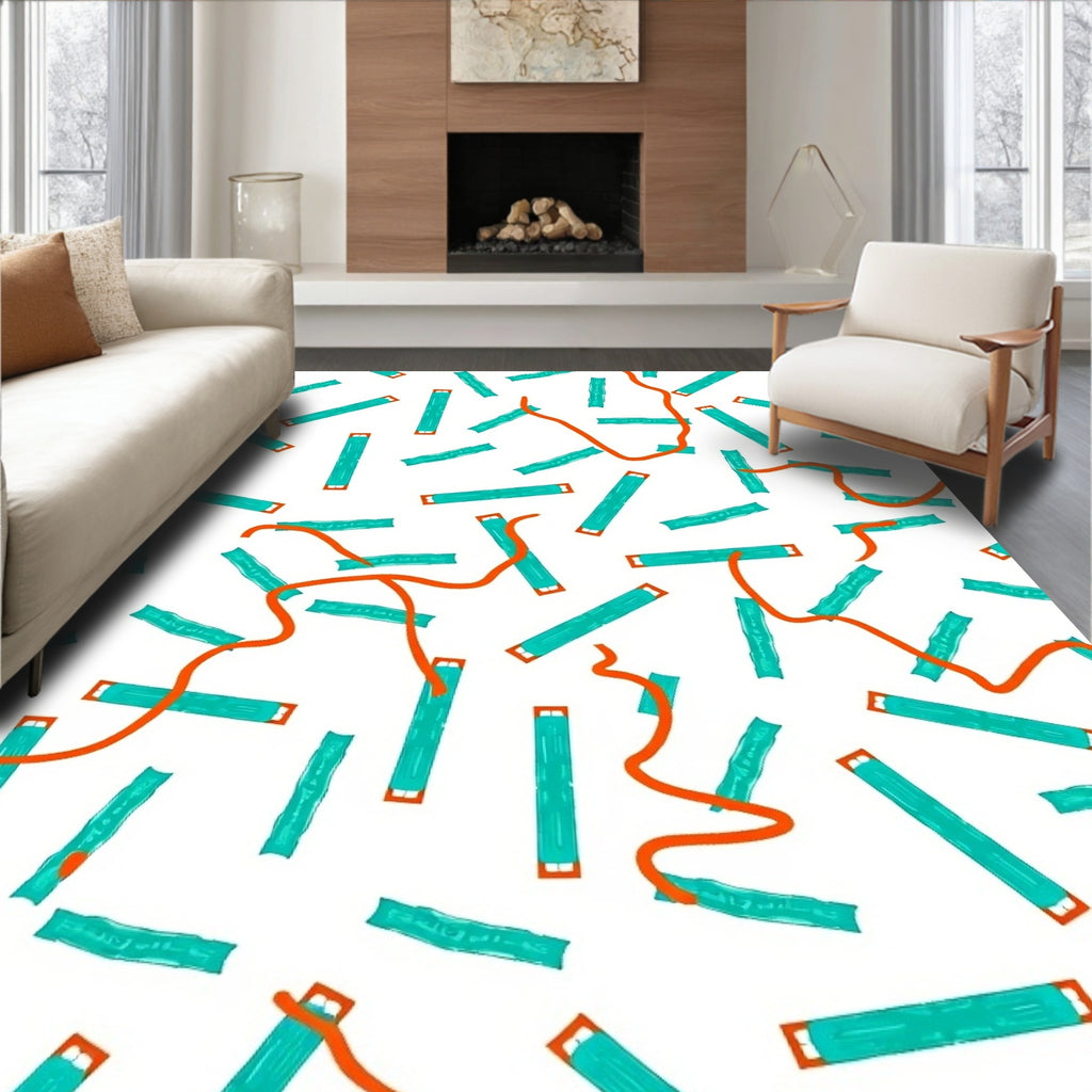 Abstract Teal Orange Stick Pattern Rug