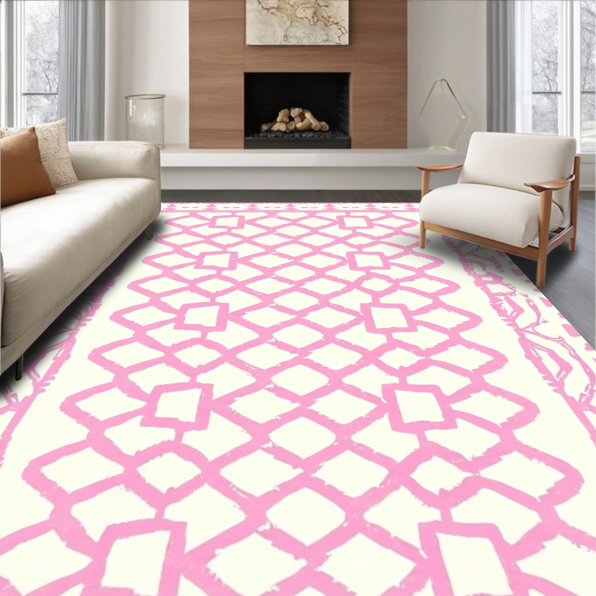 Pink Geometric Lattice Pattern Rug