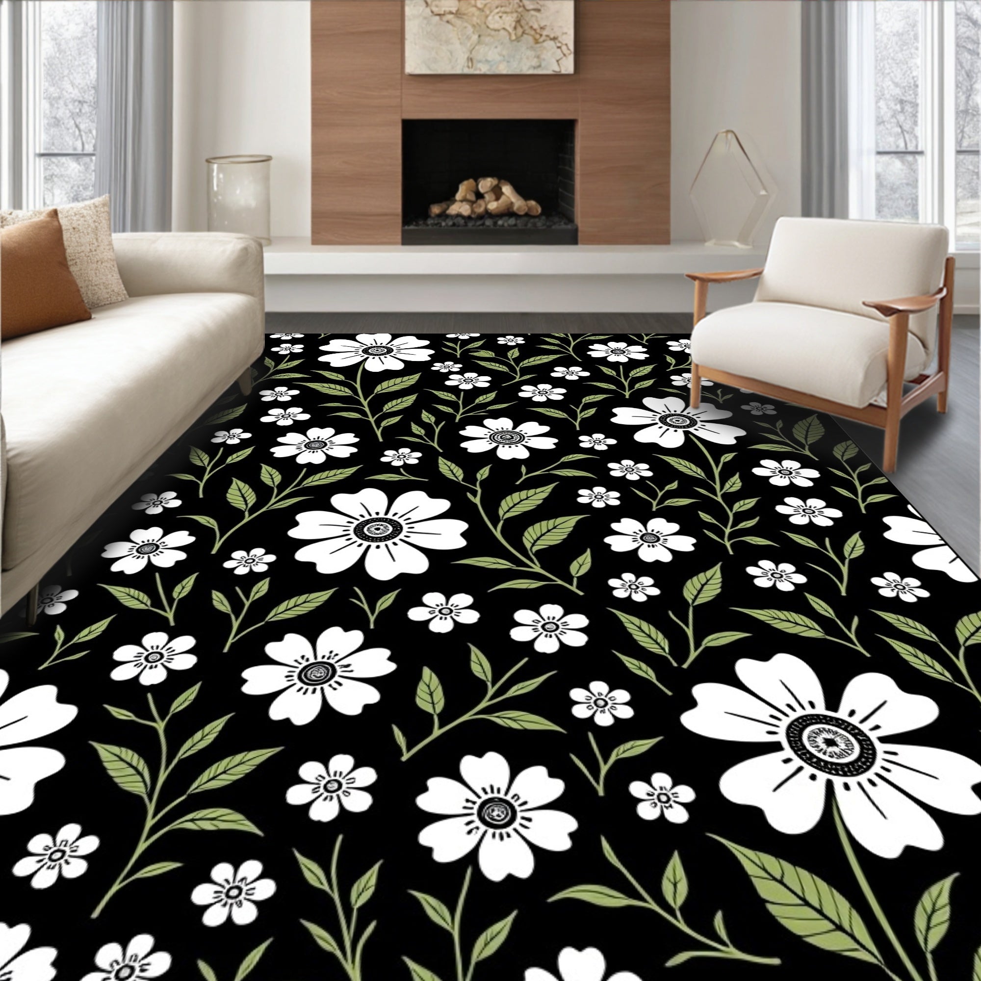 Classic White Floral Green Leaves Design Rug