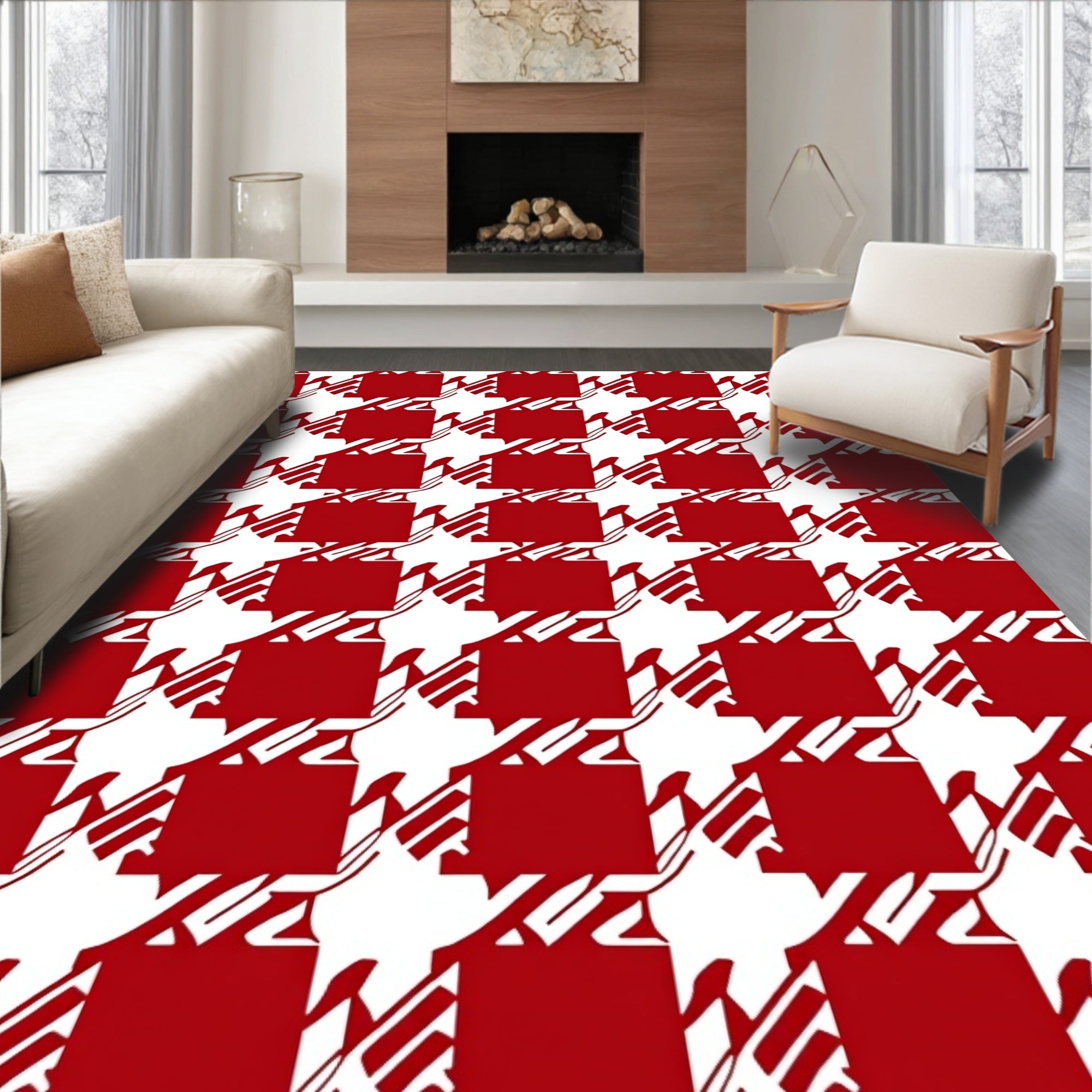 Classic Red Houndstooth Pattern Rug