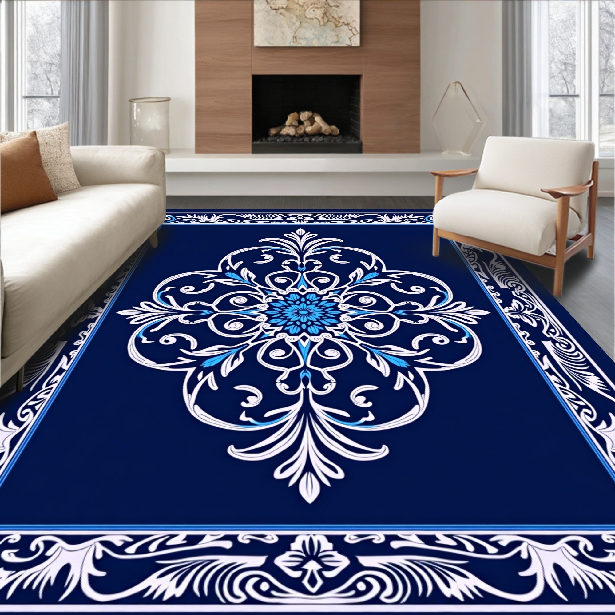 Elegant Blue White Floral Damask Pattern Rug
