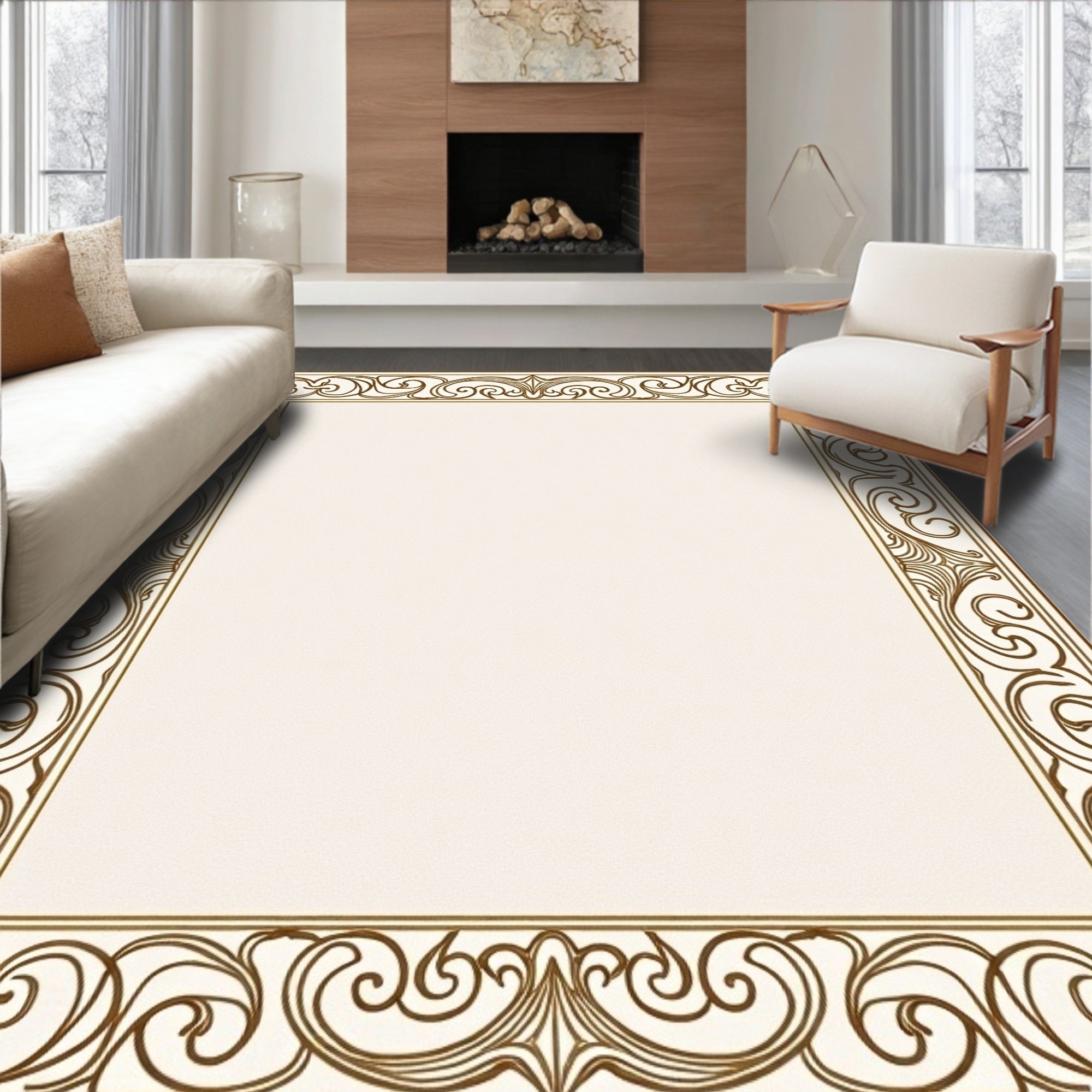 Elegant Flourish Ornate Scrollwork Border Rug