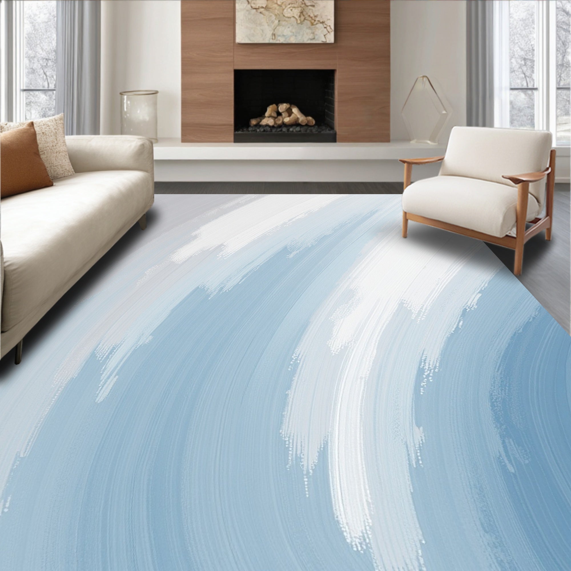 Abstract Blue White Brush Strokes Rug