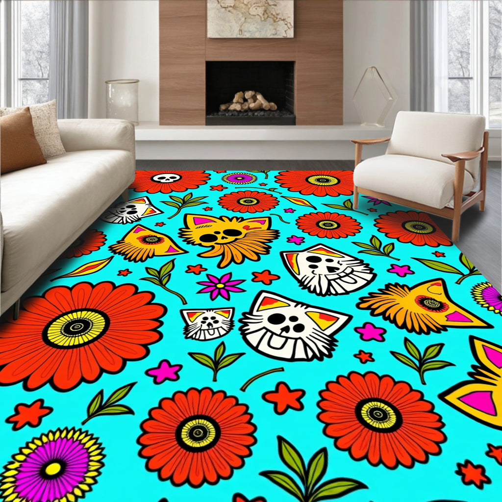 Vibrant Floral Cat Skulls Design Rug
