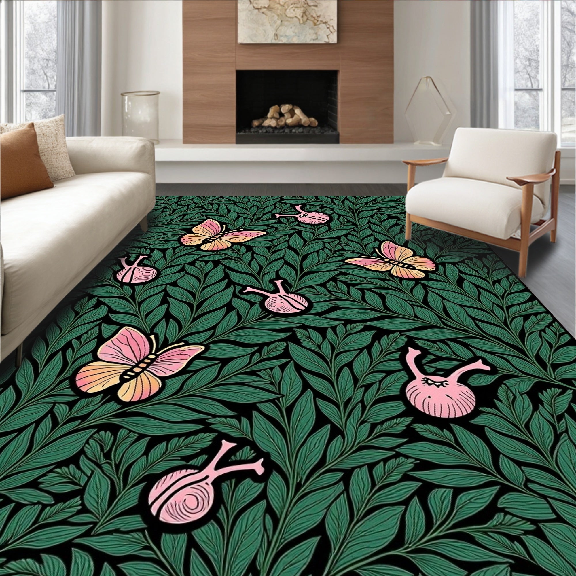 Whimsical Pink Butterfly Green Foliage Rug