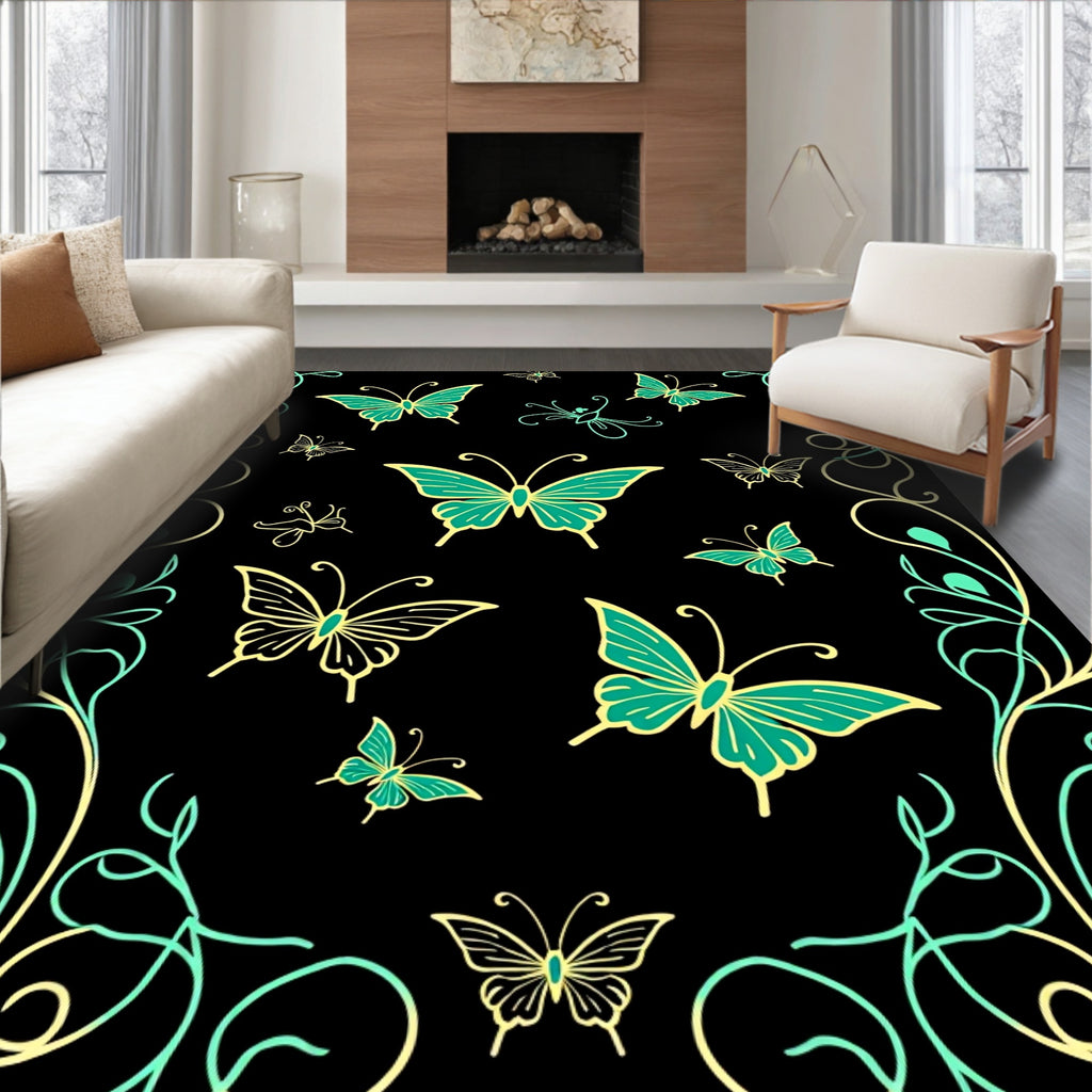 Elegant Teal Gold Butterfly Pattern Rug