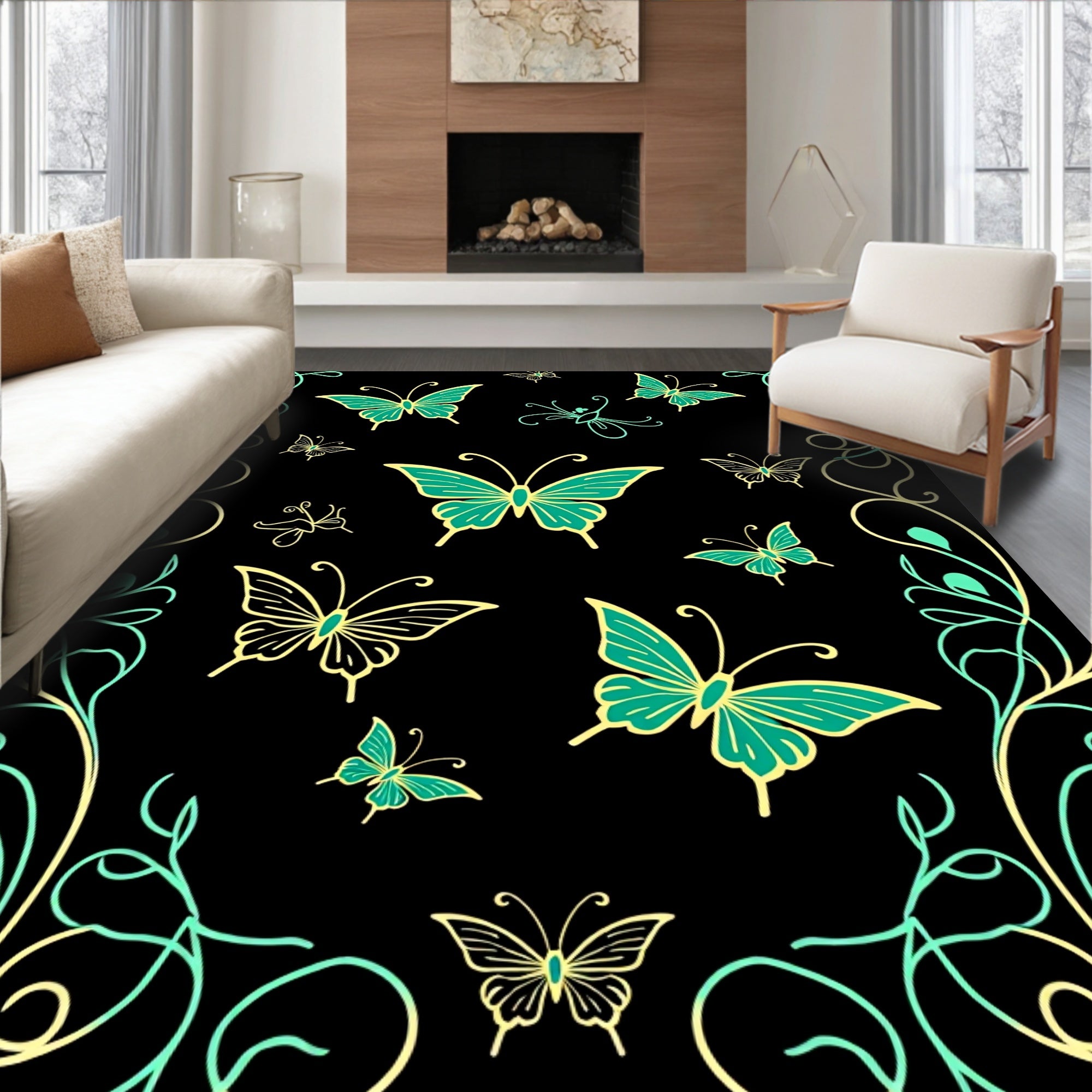 Elegant Teal Gold Butterfly Pattern Rug