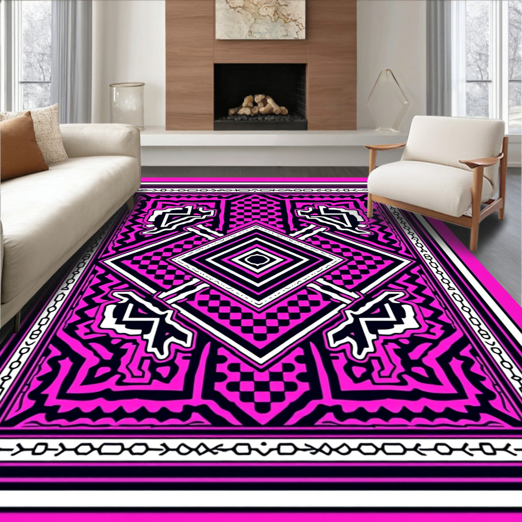 Bold Pink Black Geometric Design Rug
