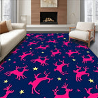 Pink Reindeer Yellow Stars Navy Background Rug