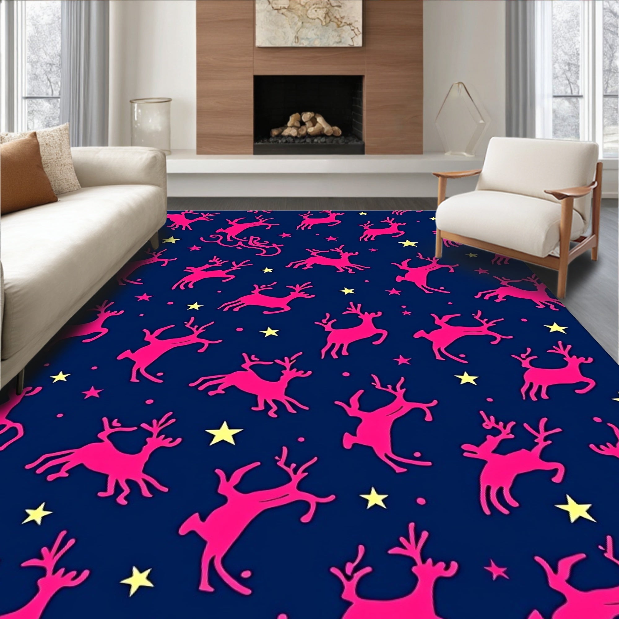 Pink Reindeer Yellow Stars Navy Background Rug