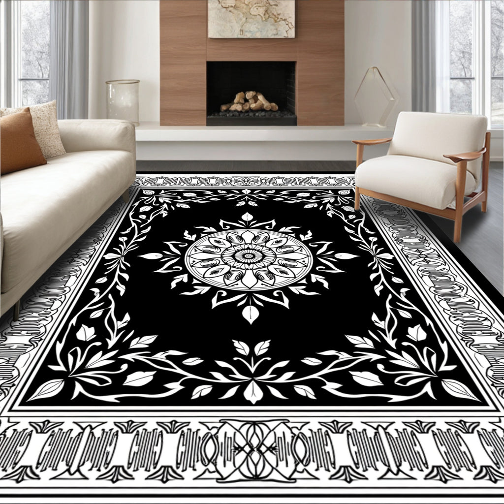 Ornate Floral Medallion Black White Rug