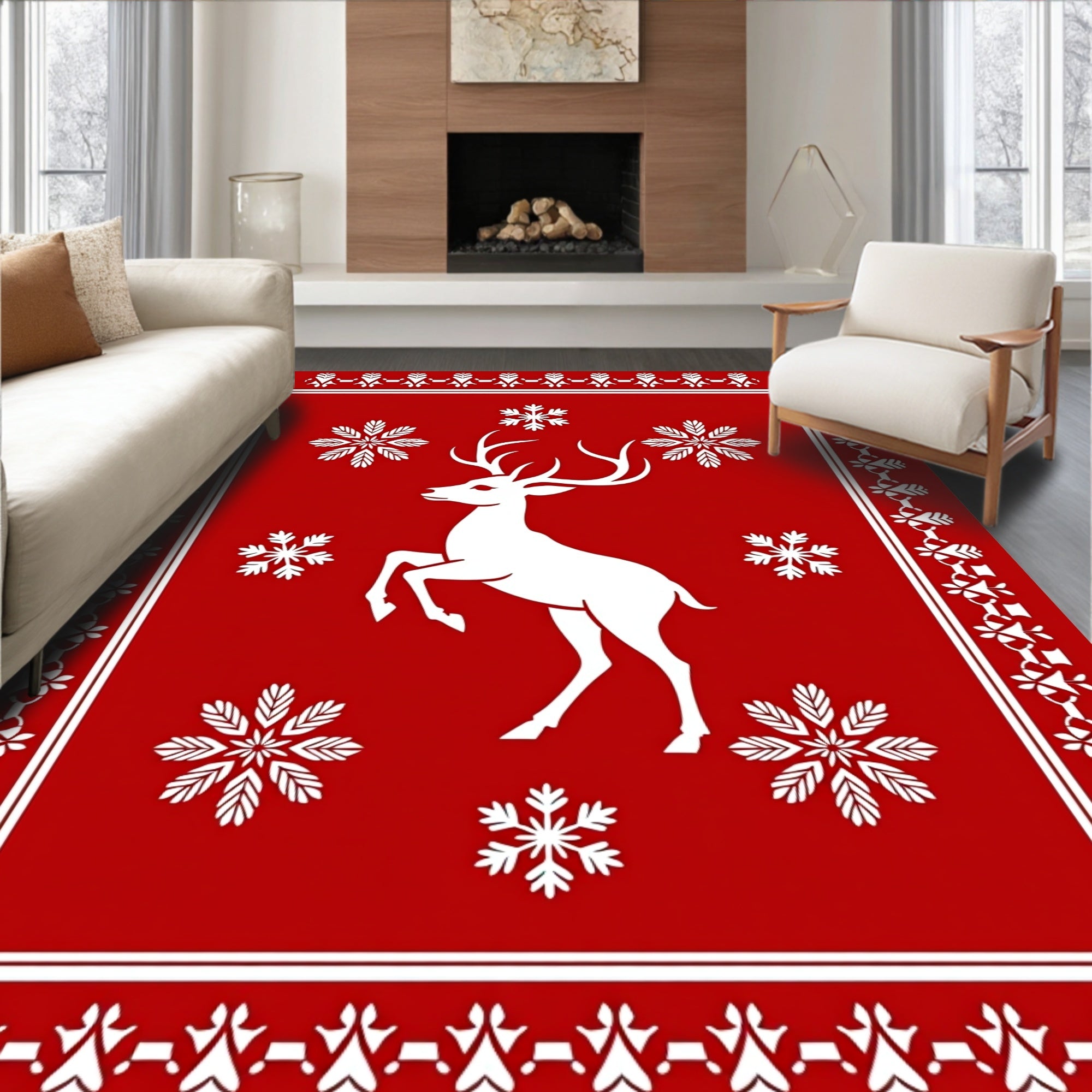 Winter Reindeer Snowflake Scene Rug
