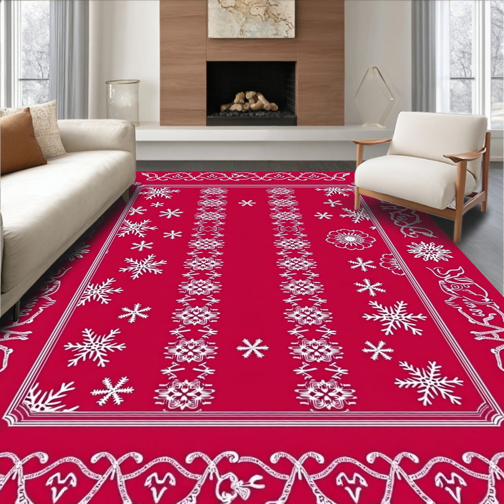 Classic Snowflake Patterned Red Rug