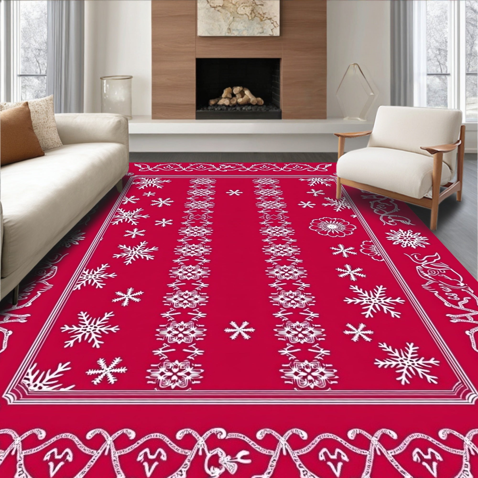 Classic Snowflake Patterned Red Rug