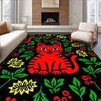 Playful Red Cat Floral Pattern Rug