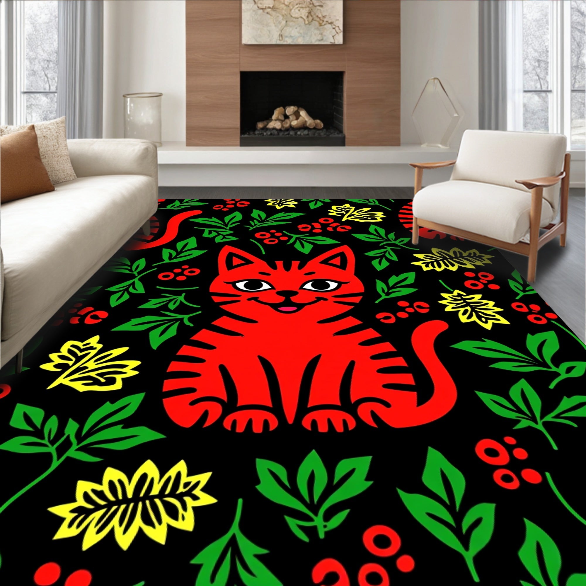 Playful Red Cat Floral Pattern Rug