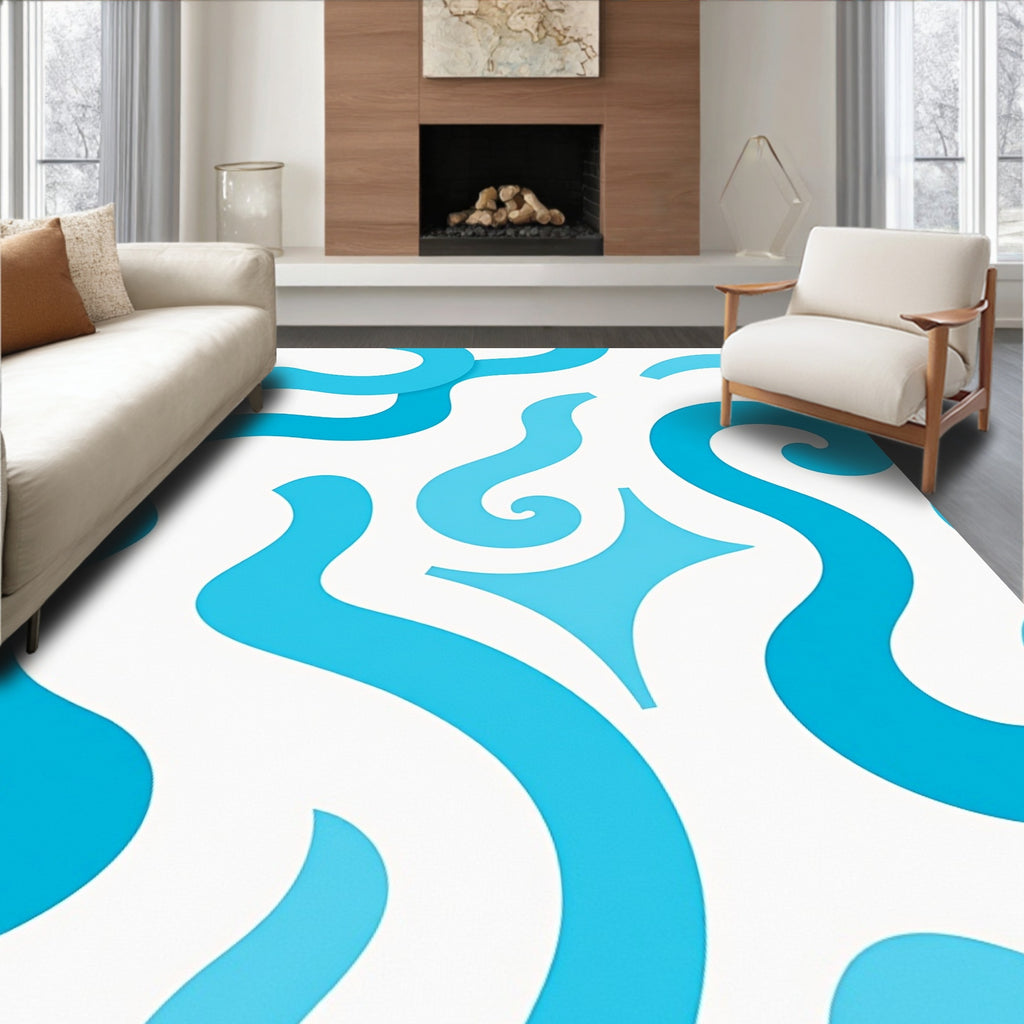 Abstract Blue Swirls Waves Pattern Rug
