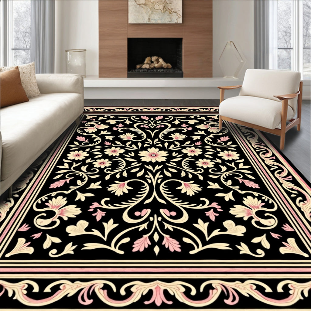 Black Floral Vine Classic Pattern Rug