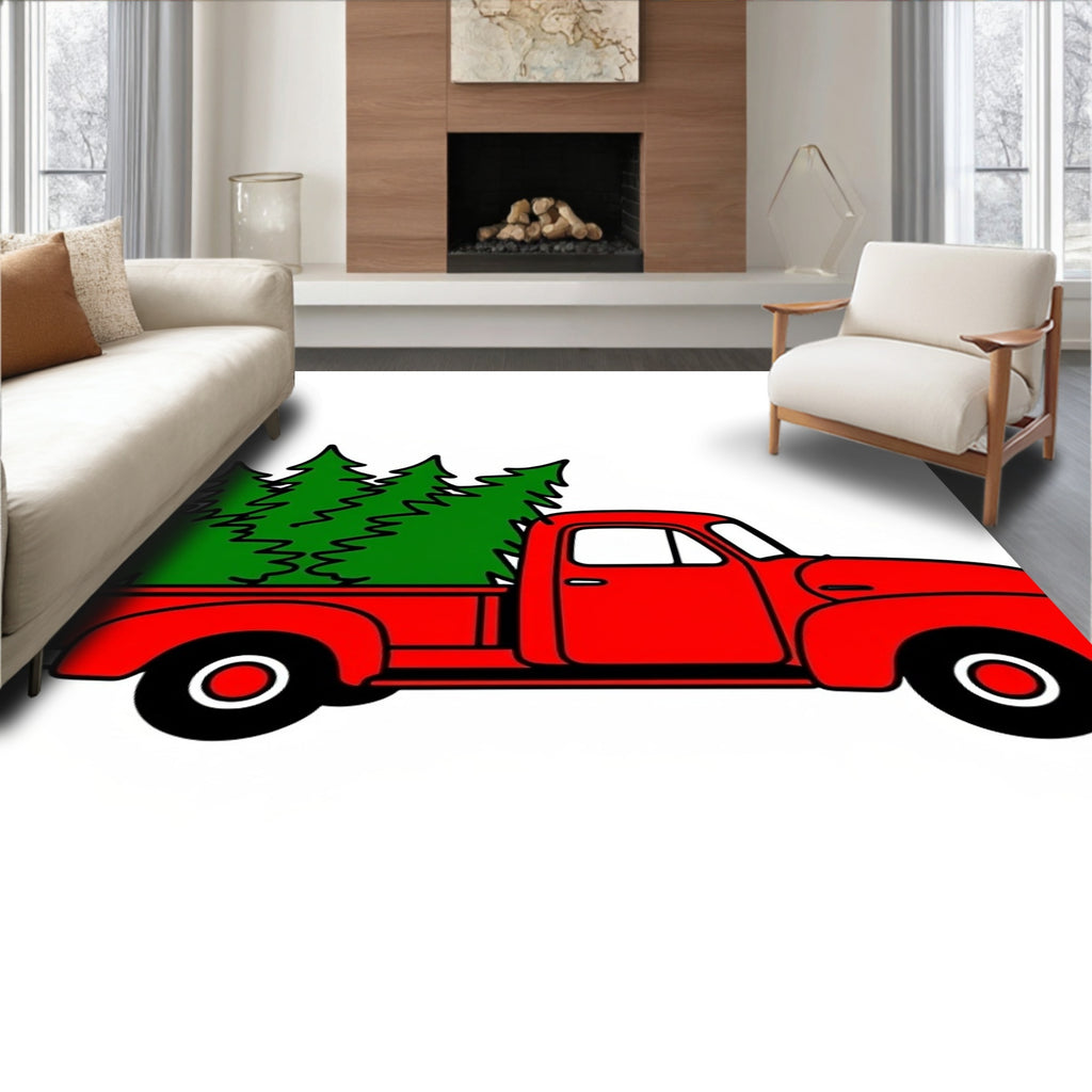 Red Vintage Truck Green Trees Rug