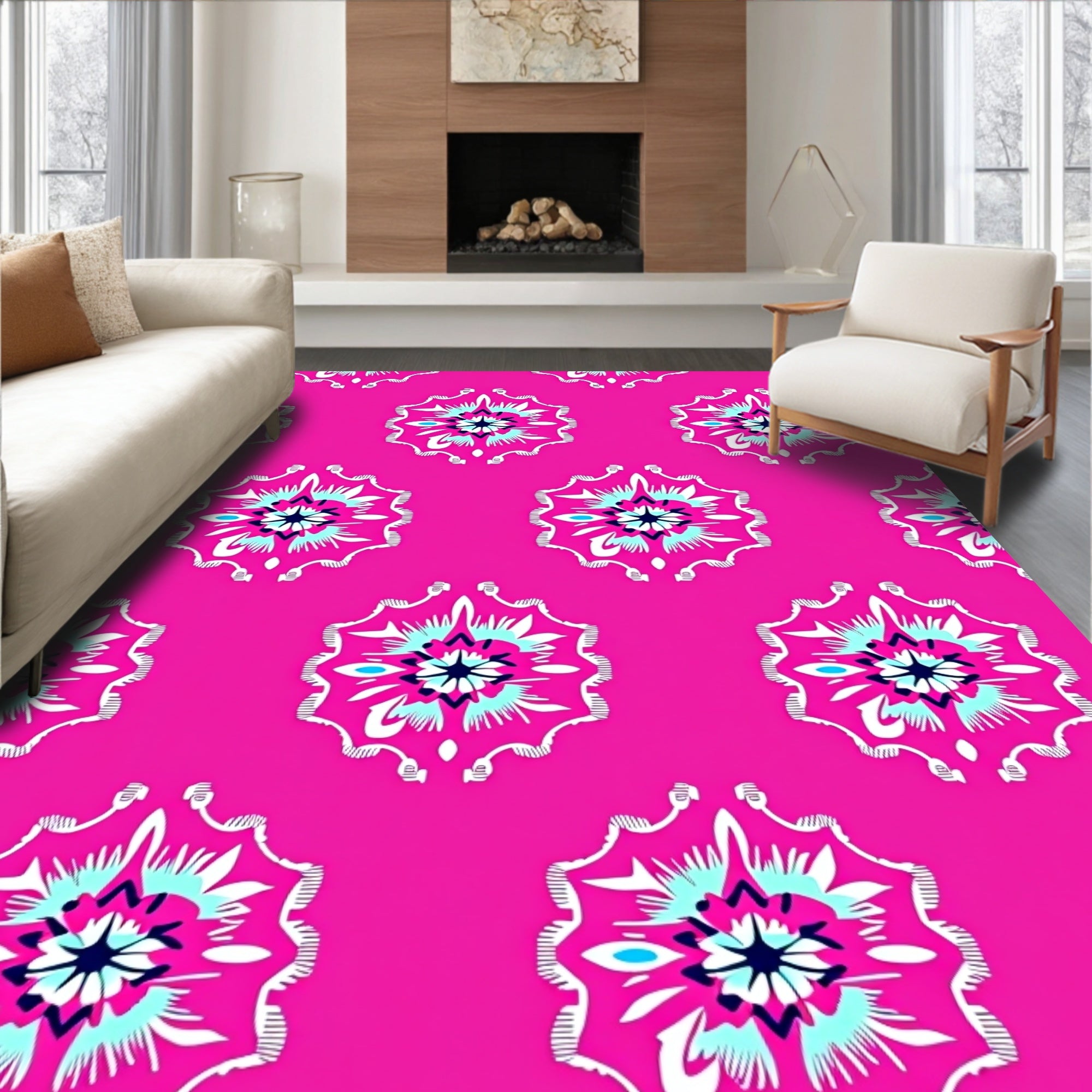 Bright Pink Floral Inspired Pattern Rug